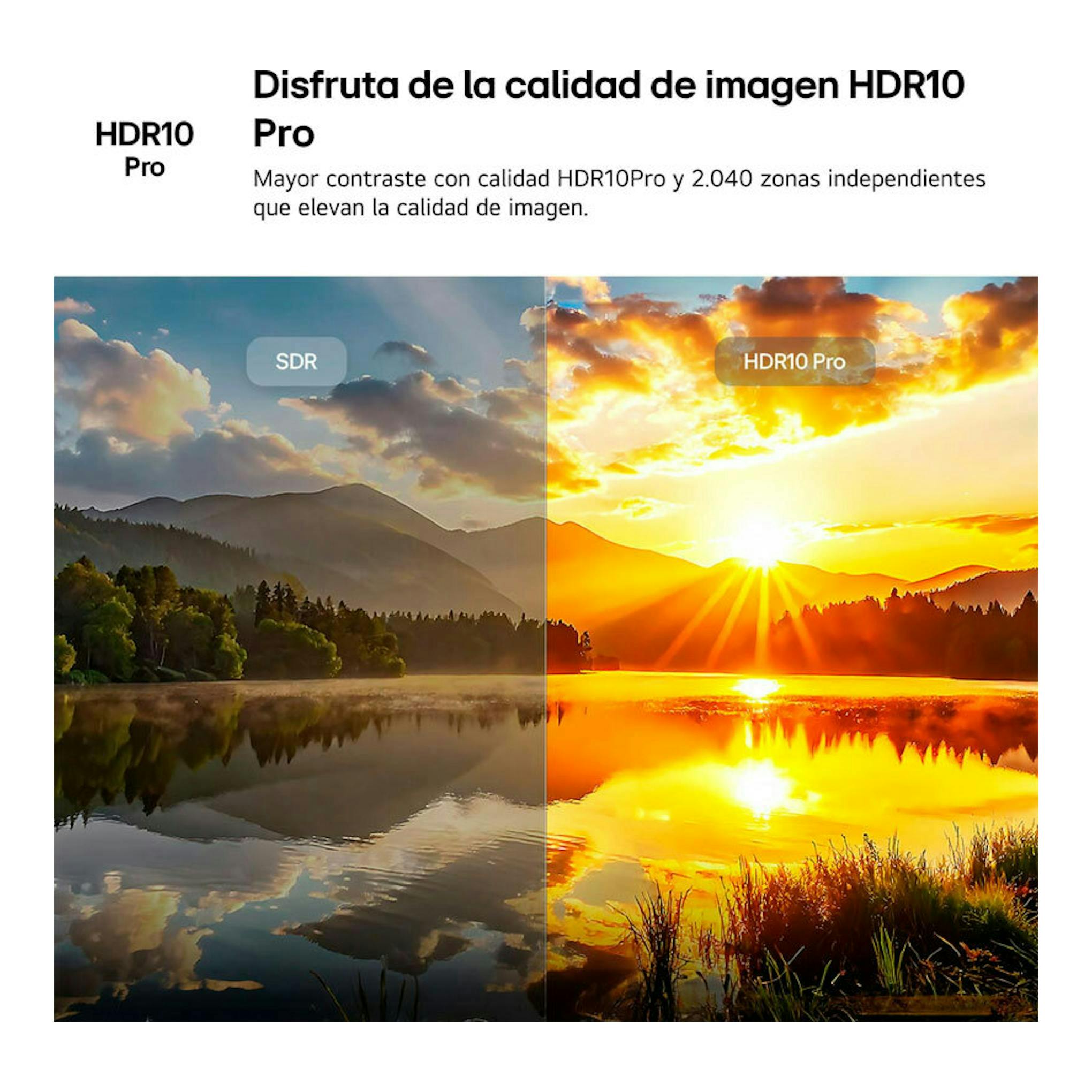 Gráfico comparativo HDR10 Pro con paisaje en SDR y HDR10 Pro al atardecer, texto sobre fondo blanco.