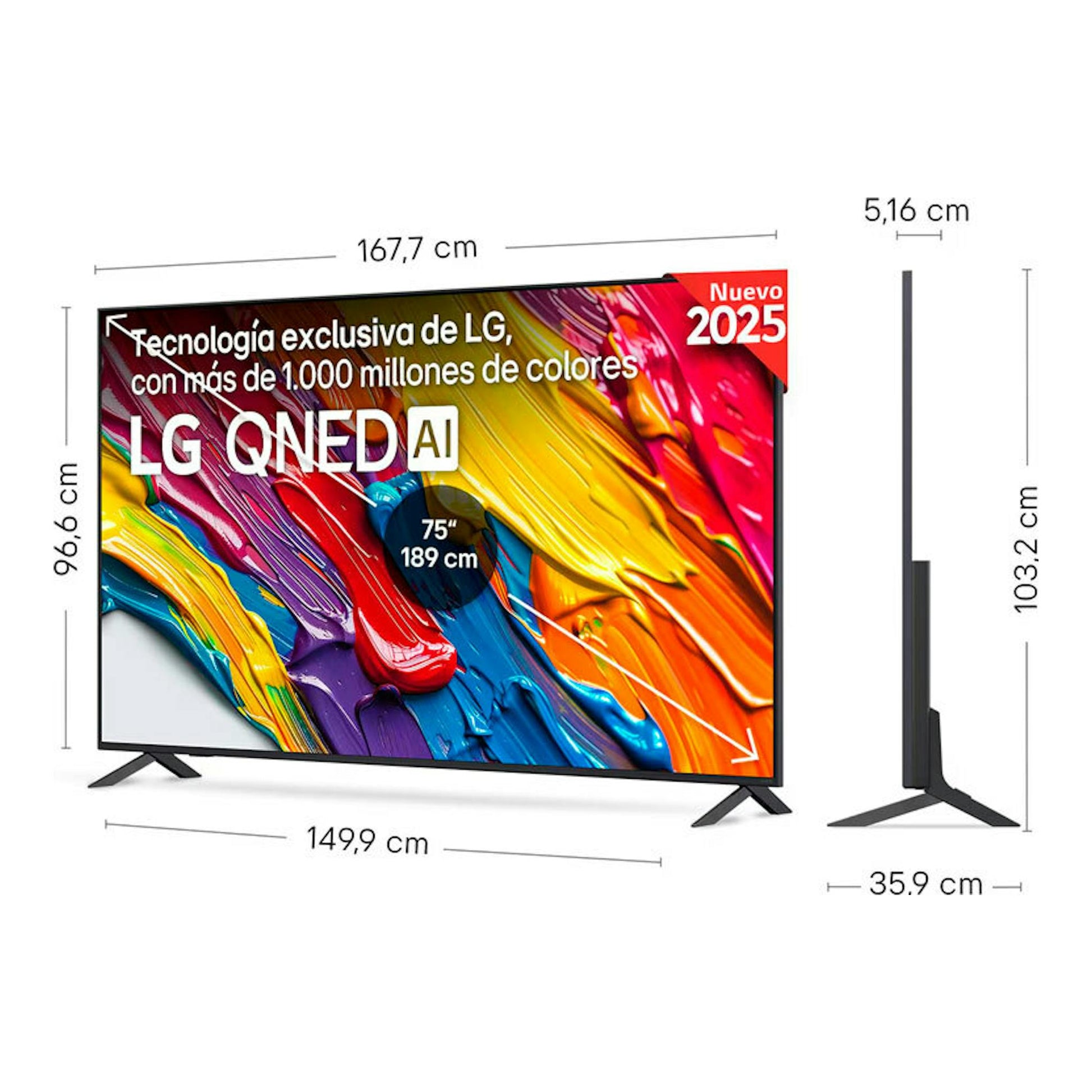 TV LG 75QNED82A6B QNED AI de 75", vista frontal y lateral, pantalla multicolor.