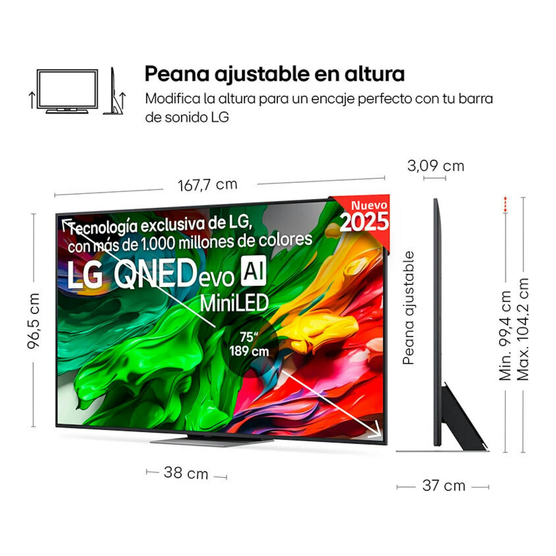 LG 75QNED87A6B QNED Evo AI MiniLED 75", vista frontal y lateral con peana ajustable.