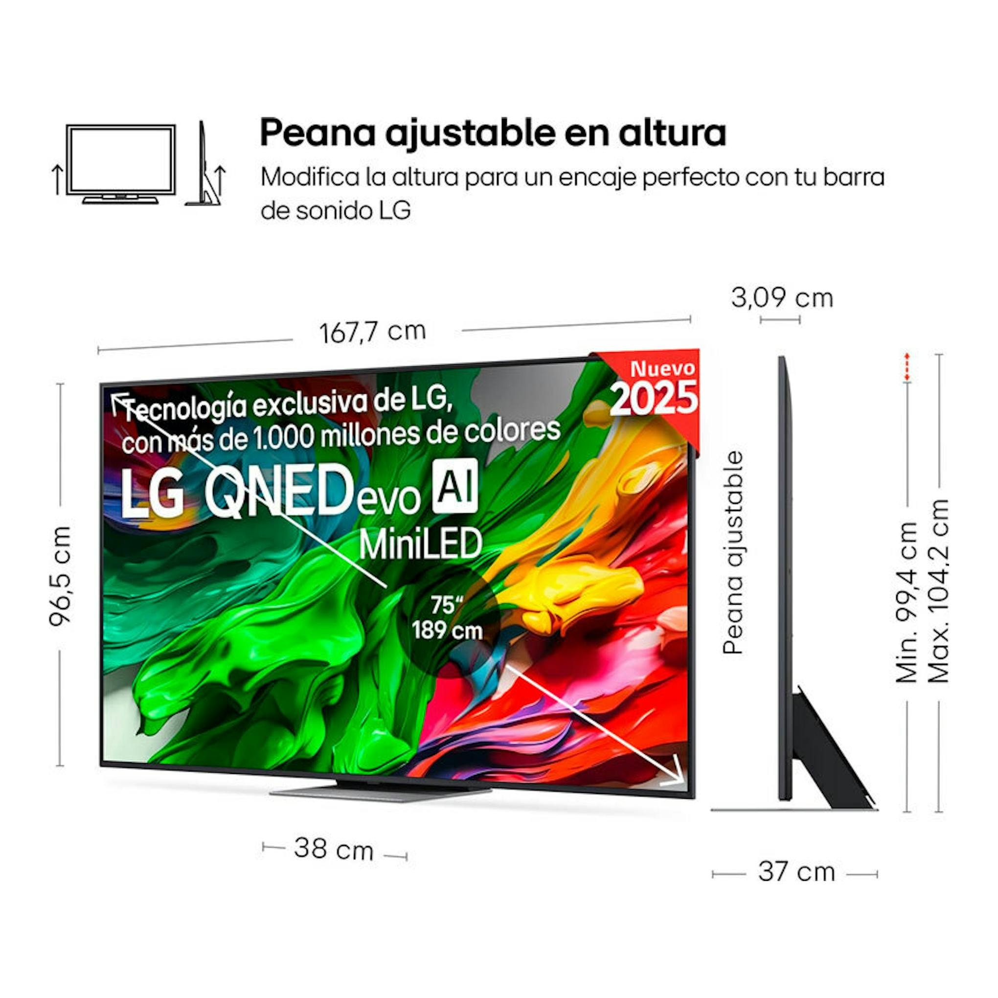 LG 75QNED87A6B QNED Evo AI MiniLED 75", vista frontal y lateral con peana ajustable.
