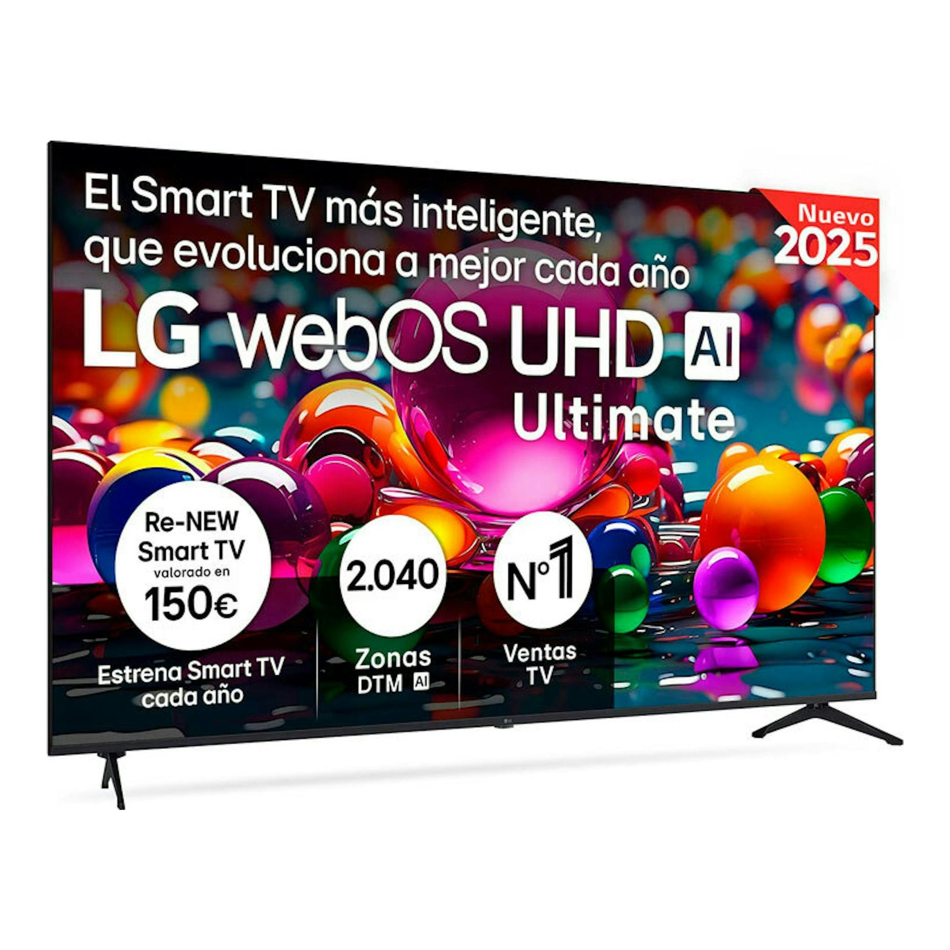 TV LG 75UA75006LA.AEUQ, vista frontal inclinada, pantalla con gráfica webOS UHD AI y dos patas negras.