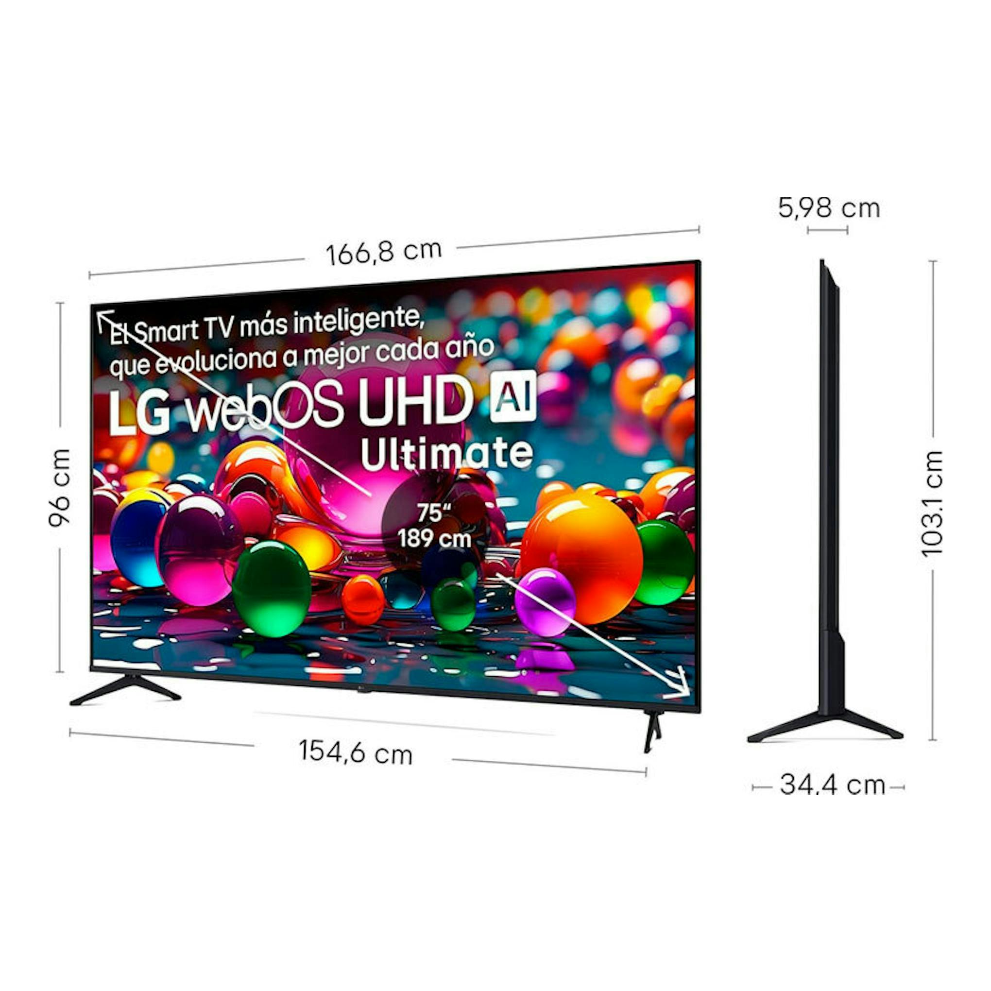 TV LG 75UA75006LA.AEUQ, vista frontal y lateral, pantalla negra de 75” con soporte de patas.