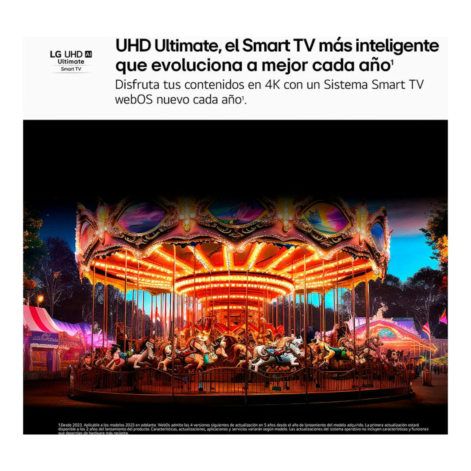 Anuncio de LG 75UA75006LA.AEUQ UHD Ultimate Smart TV con carrusel iluminado y texto sobre webOS 25.