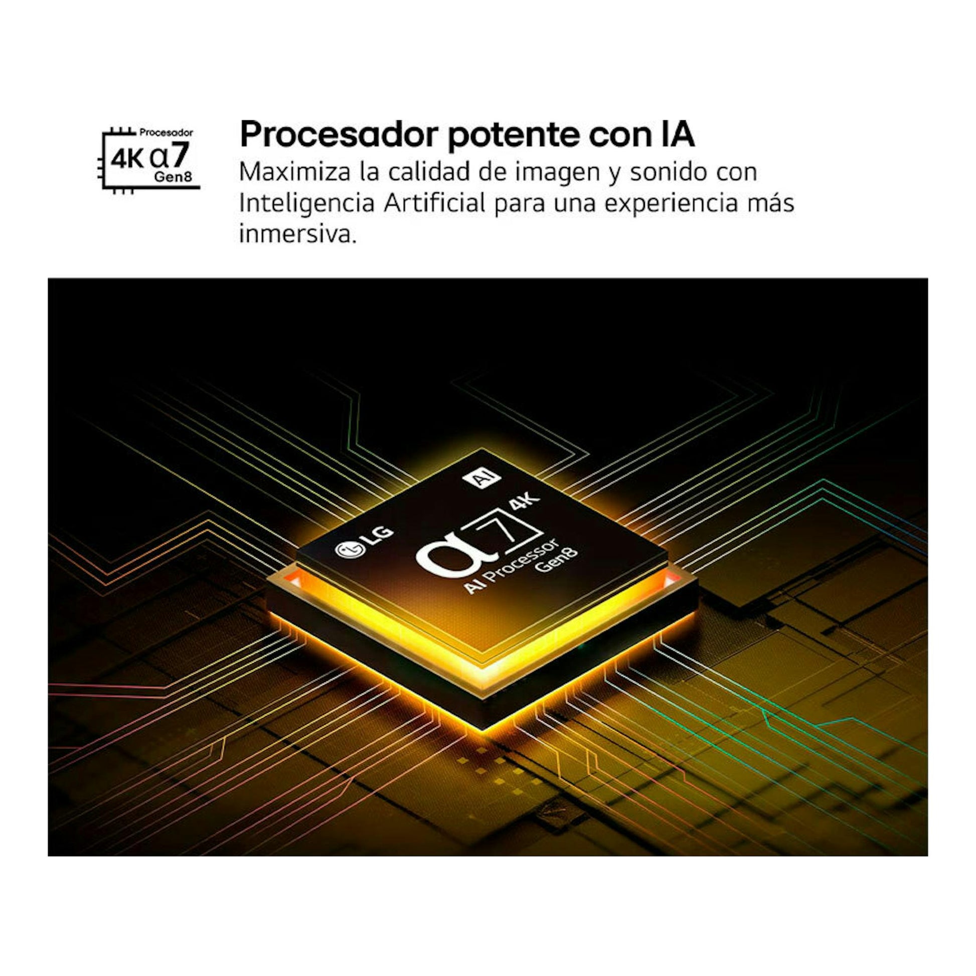Gráfico promocional de LG 75UA75006LA.AEUQ con procesador 4K α7 Gen8 e IA sobre fondo negro.