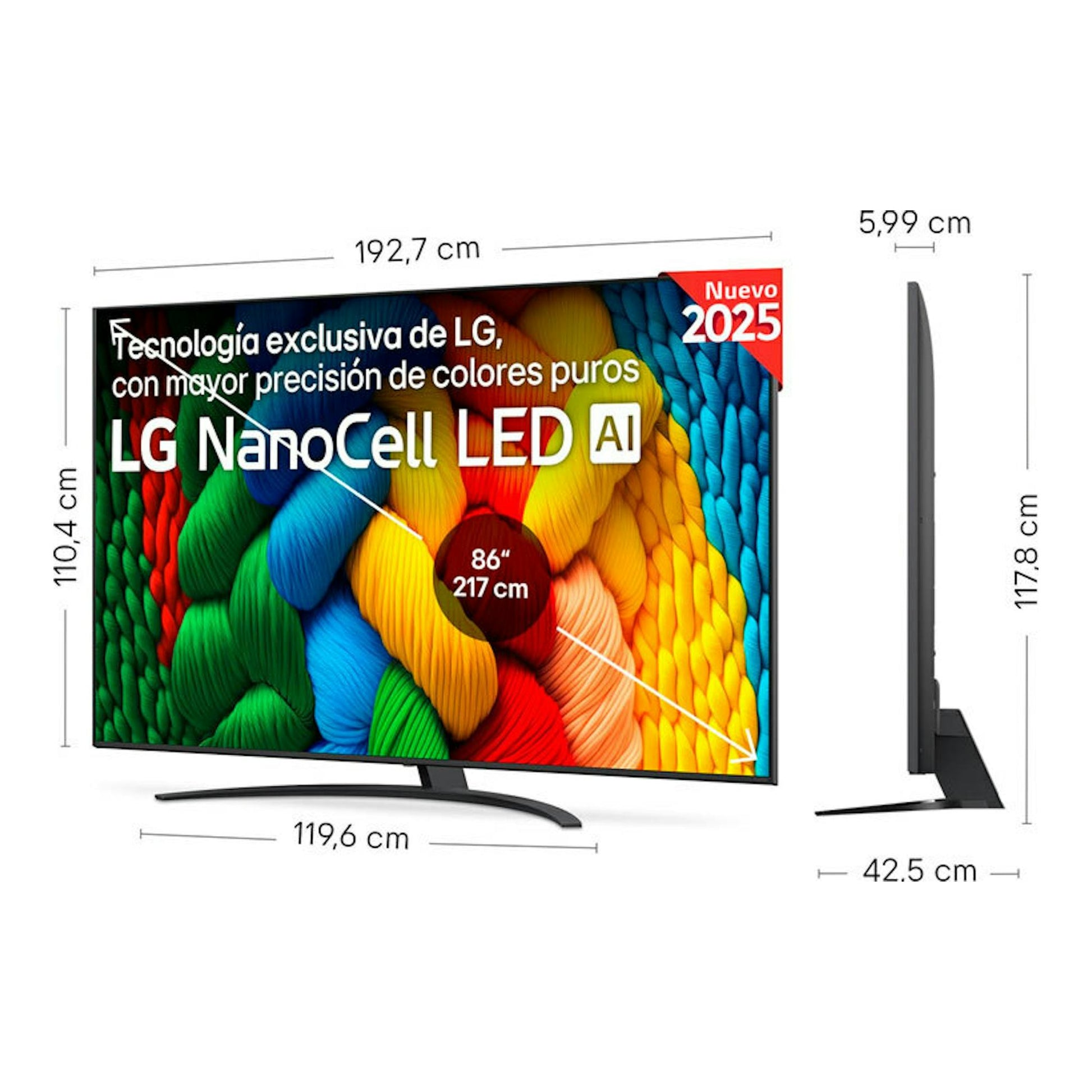 TV LG NanoCell LED AI de 86”, vista frontal y lateral, con medidas del producto.