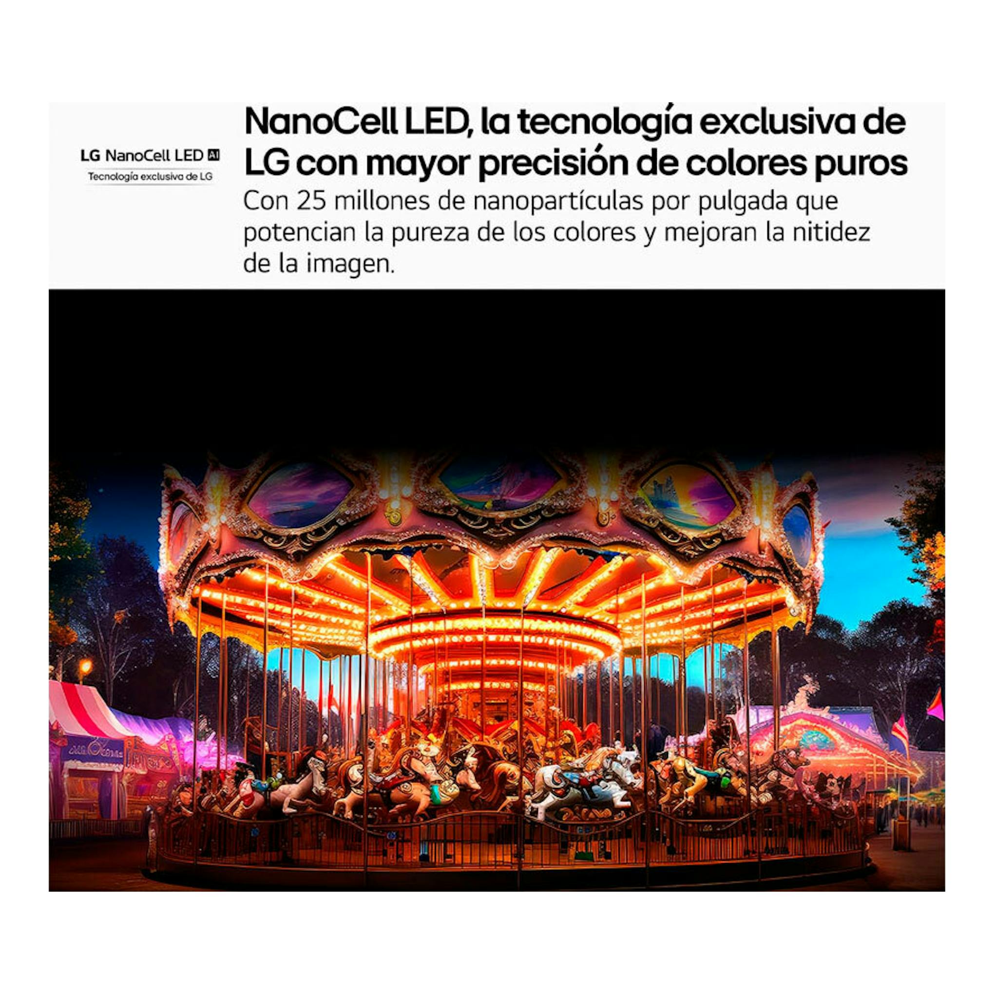 Anuncio de LG 86NANO81A6A NanoCell LED con texto y un carrusel iluminado de colores, vista frontal.