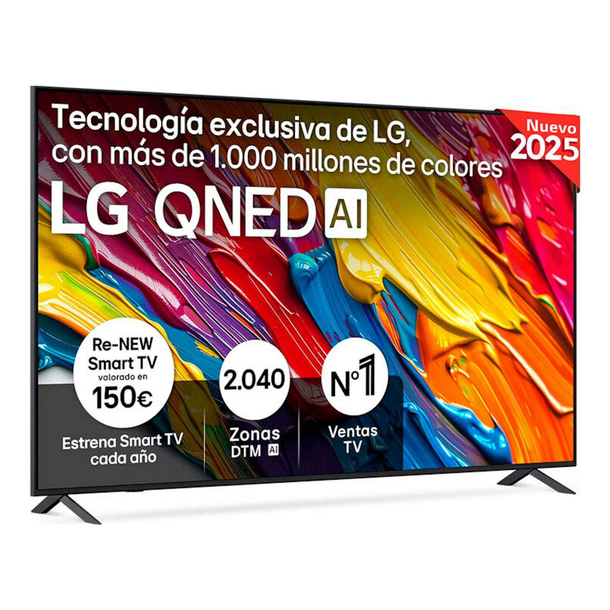 TV LG 86QNED82A6B QNED AI, vista frontal, marco negro, sobre soporte, con pantalla multicolor.