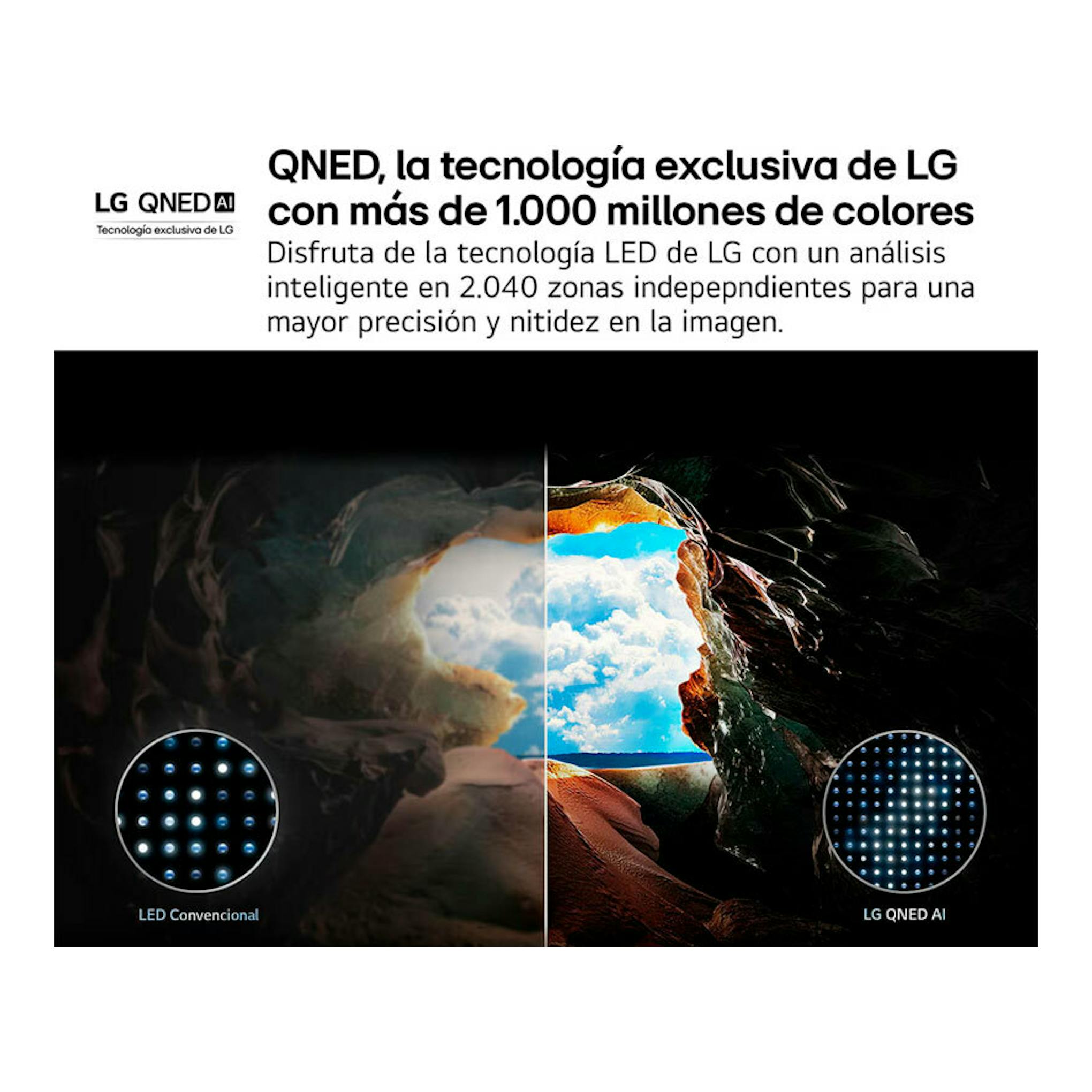 Imagen de LG QNED AI comparando LED convencional y QNED, con una cueva y cielo azul.