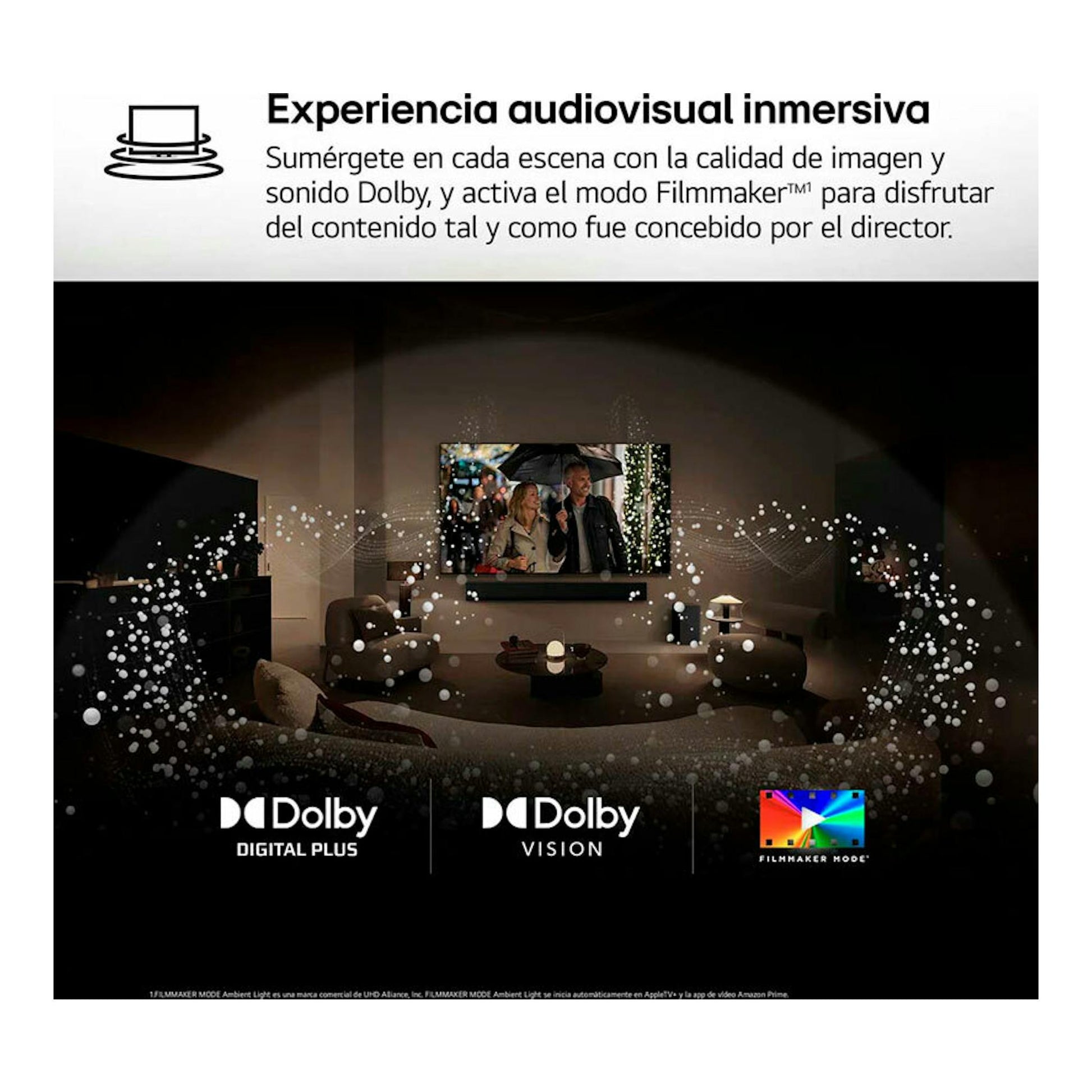 LG 86QNED86A6A: TV en salón oscuro con efectos de sonido, con logos Dolby Vision y Filmmaker Mode.