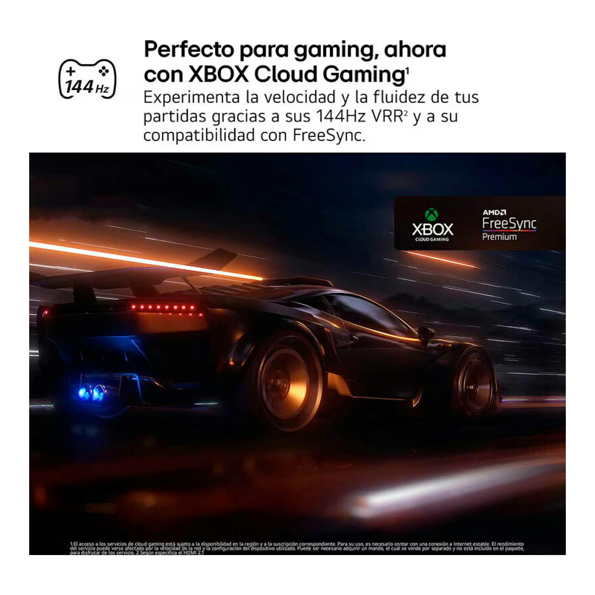 Banner promocional de LG 86QNED86A6A con texto sobre 144 Hz, Xbox Cloud Gaming y un coche de carreras.