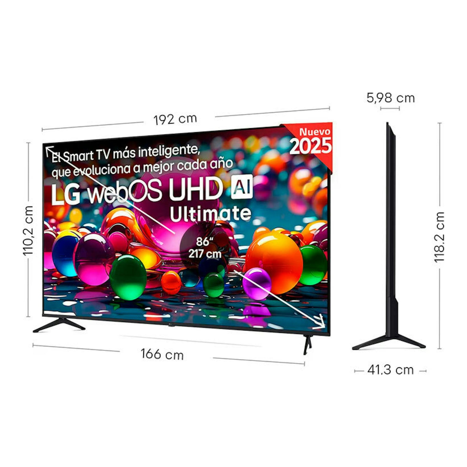 Televisor LG 86UA75006LA.AEUQ de 86 pulgadas, vista frontal y lateral, con medidas.