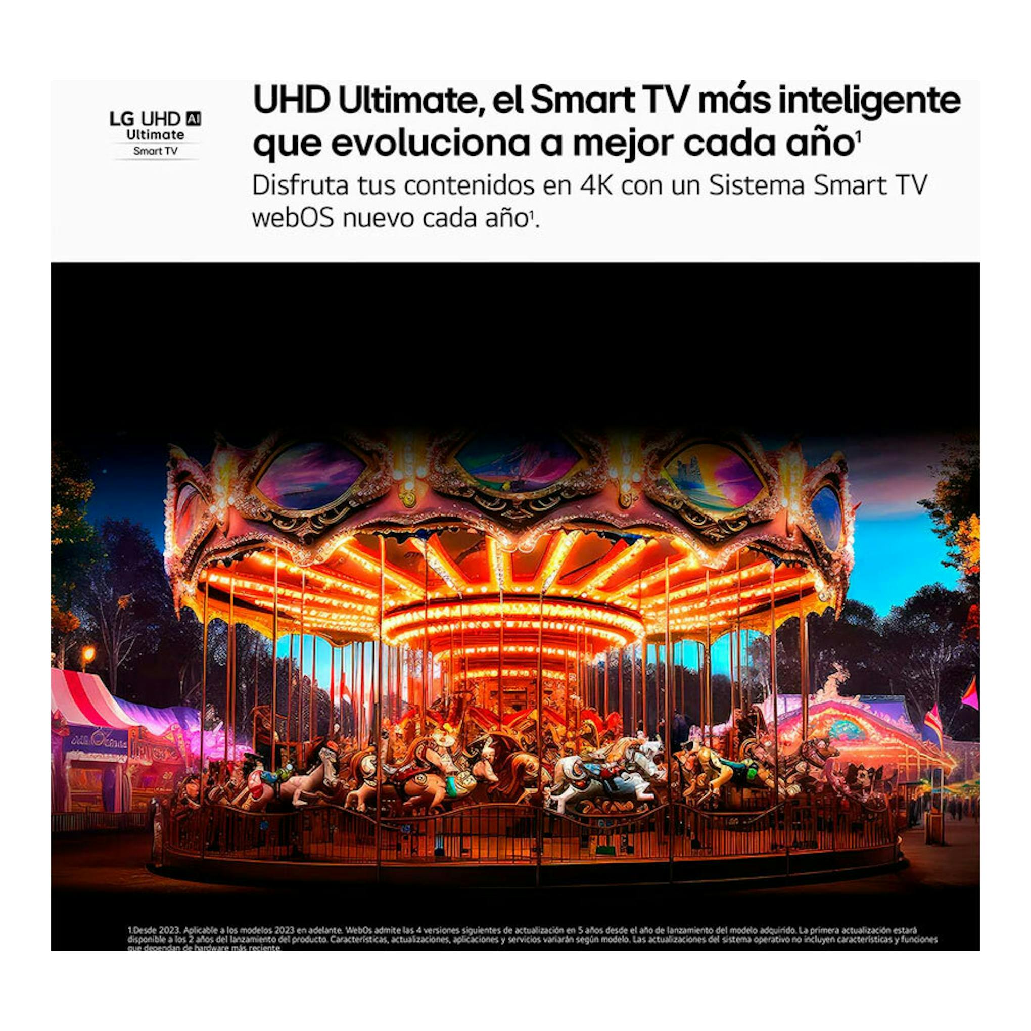 Vista frontal de un anuncio de LG UHD Ultimate Smart TV con texto y un tiovivo iluminado en pantalla.