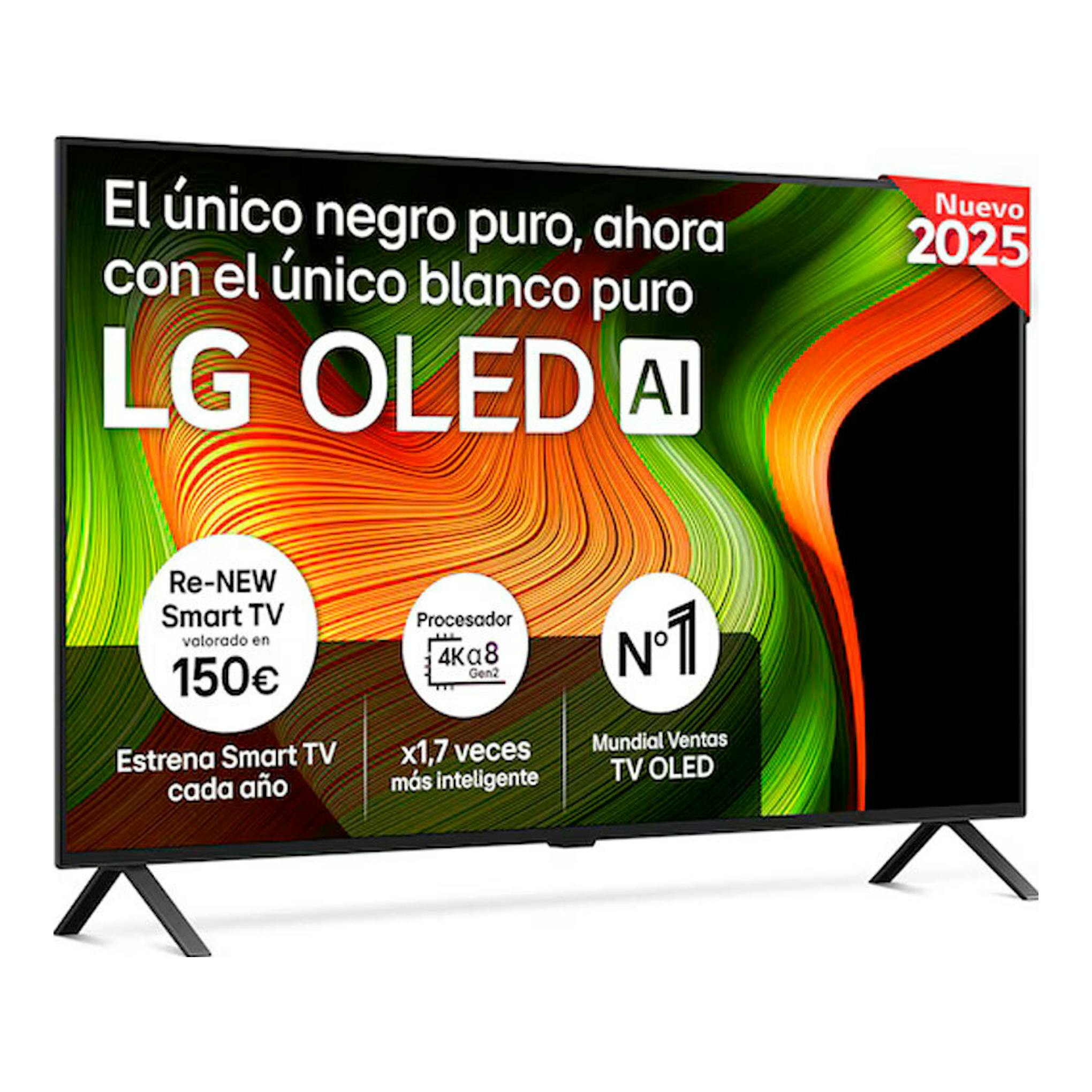 TV LG OLED55B56LA de frente, con pantalla negra y peanas laterales, mostrando una gráfica promocional multicolor.