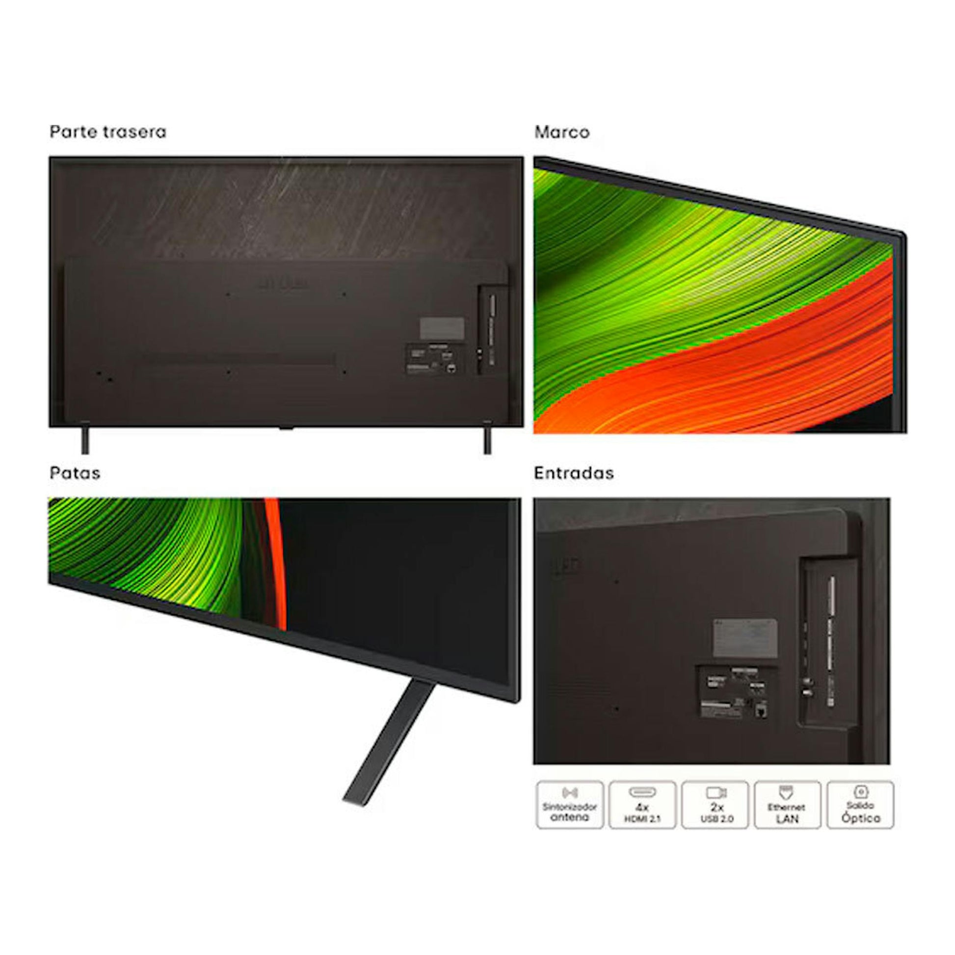LG OLED55B56LA: televisor OLED 4K de 55", con vista trasera, marco negro, patas inclinadas y entradas.