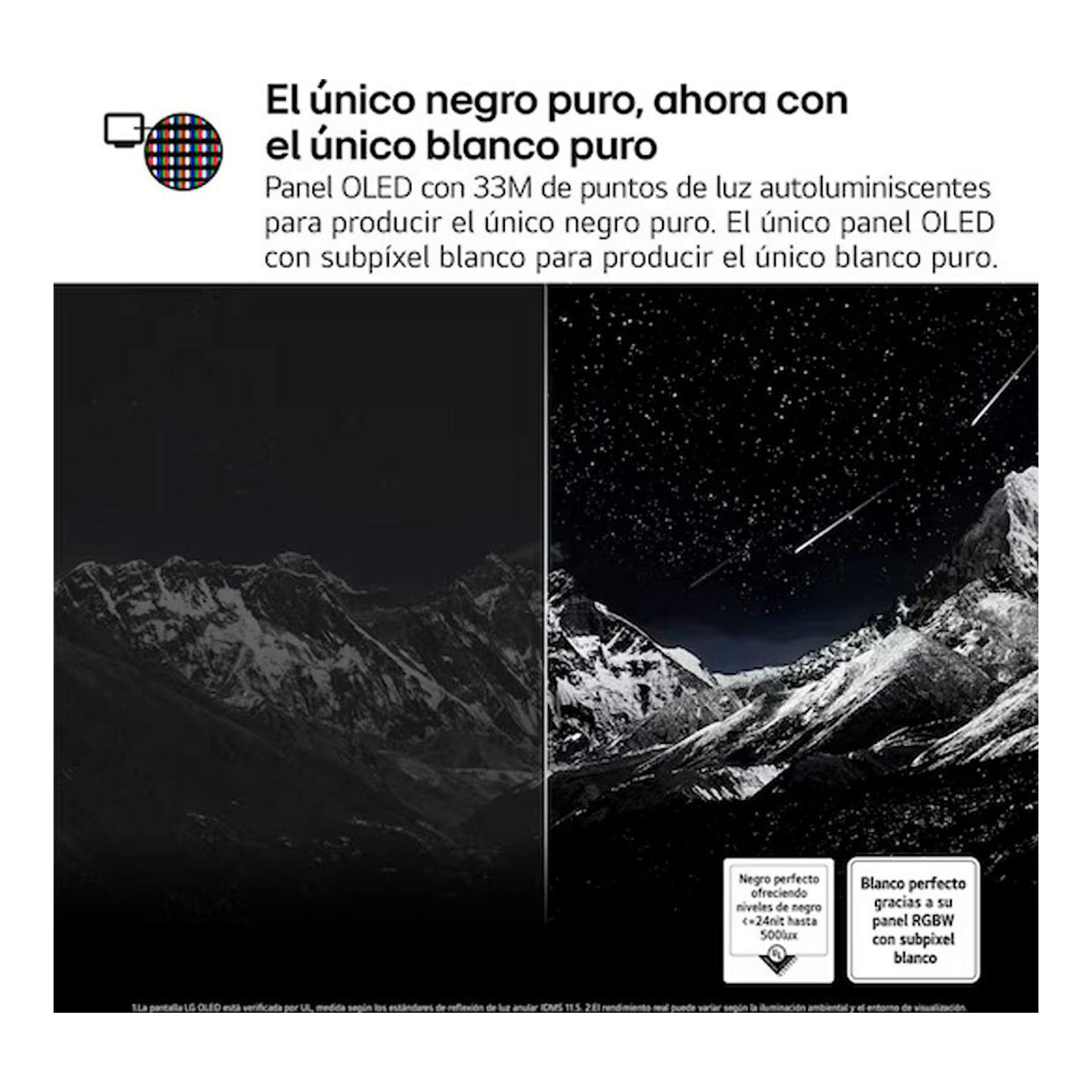 LG OLED55B56LA: gráfico comparativo de negro puro y blanco puro en un paisaje de montañas nocturno.