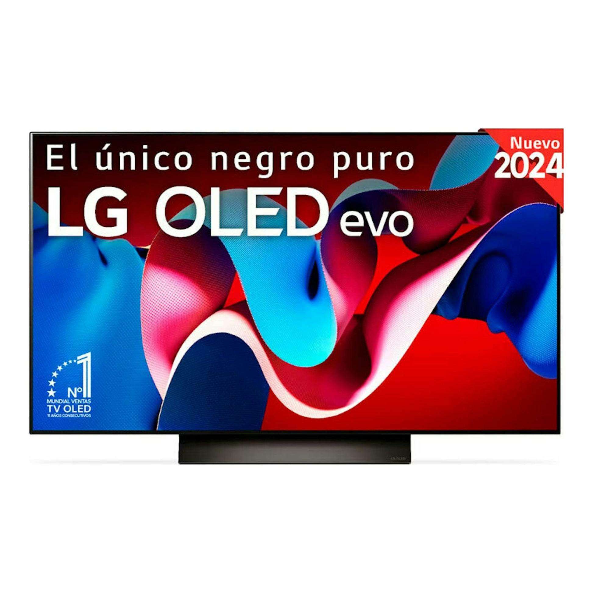 Televisor LG OLED55C44LA.AEU, vista frontal, negro, con base central y pantalla con fondo de colores.