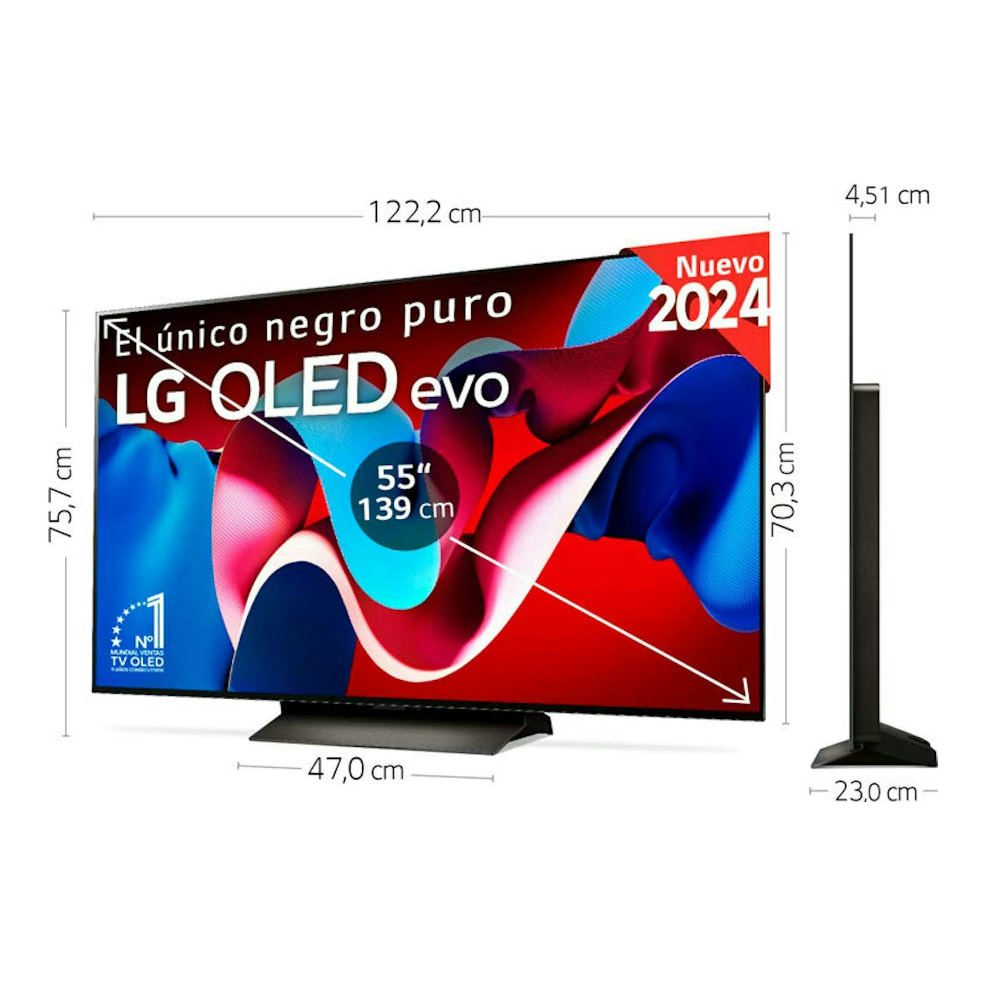 TV LG OLED55C44LA.AEU OLED evo 55", vista frontal y lateral, negro, con soporte.