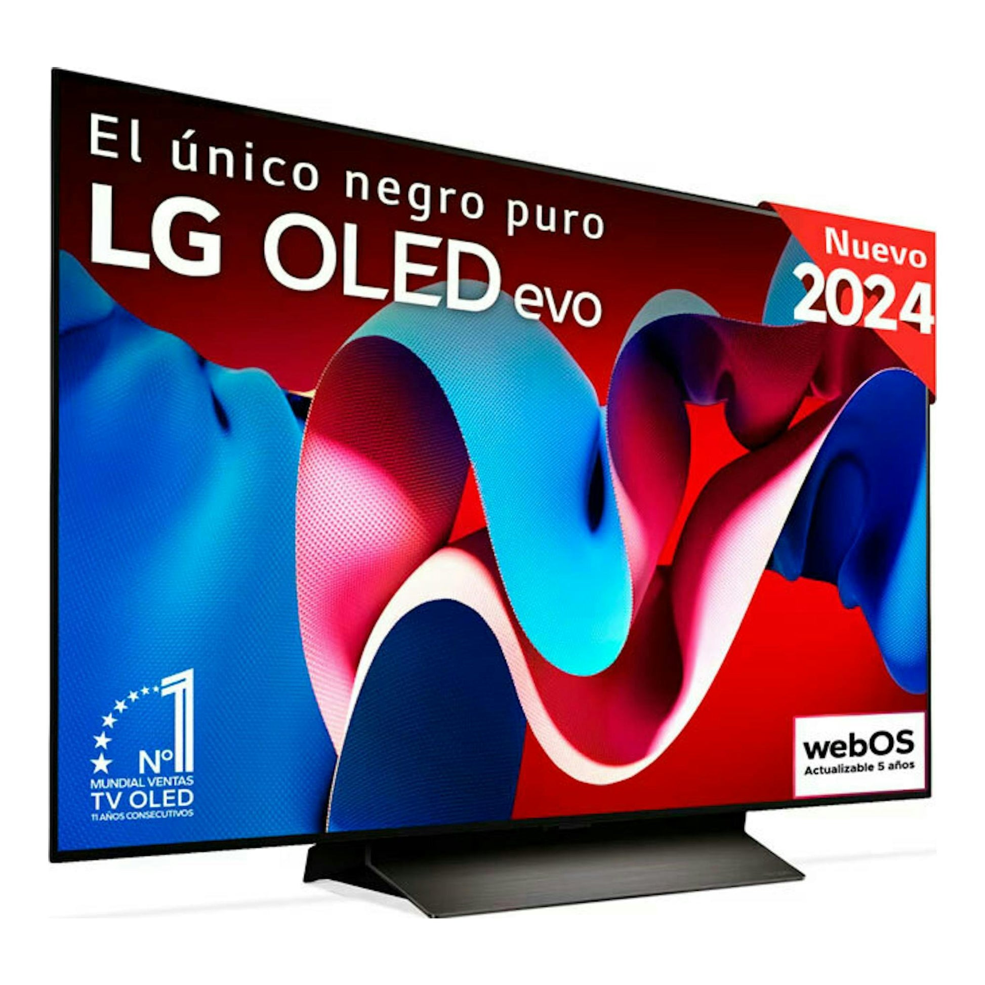Televisor LG OLED55C44LA.AEU OLED evo, vista frontal en ángulo, pantalla negra con peana central.