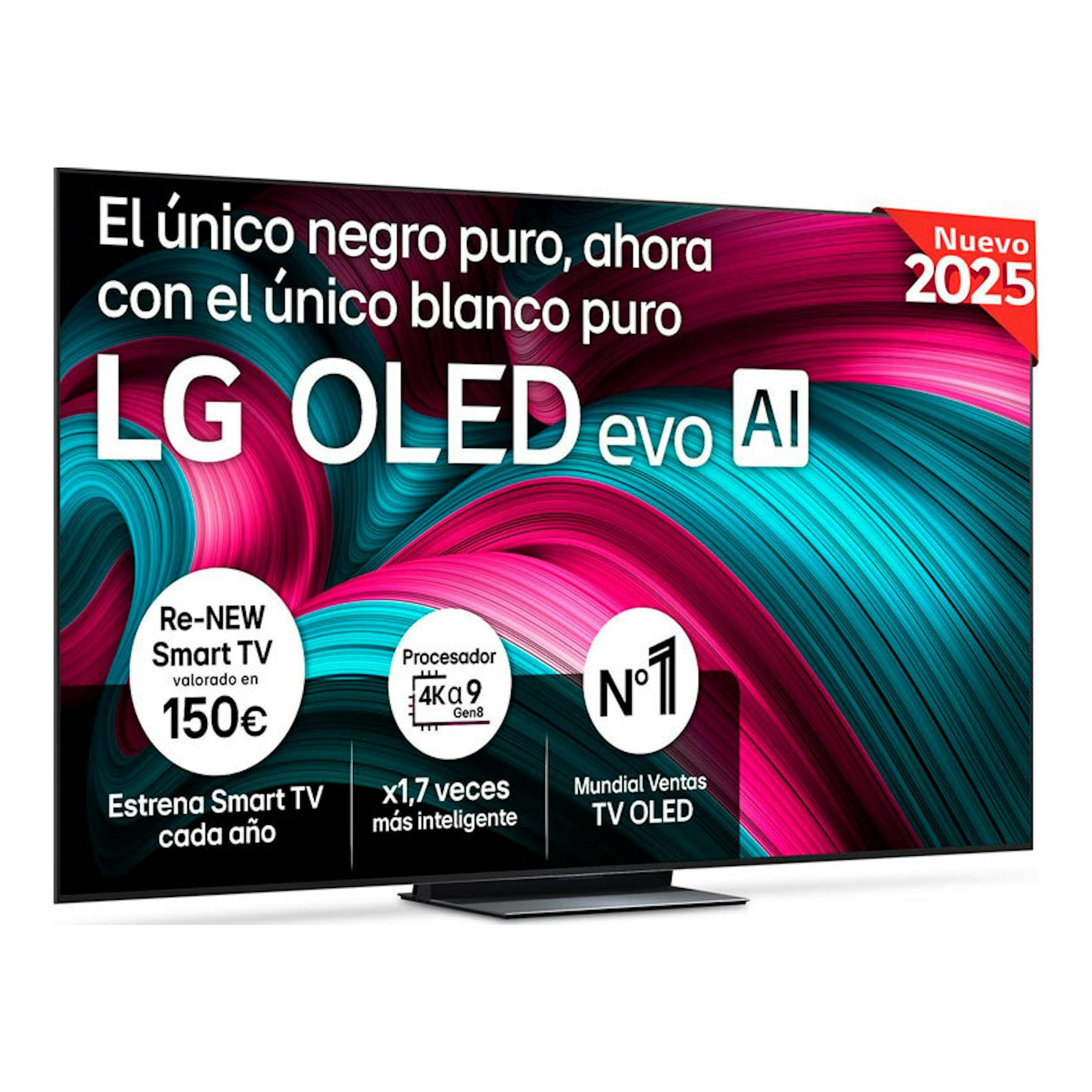 TV LG OLED55C54LA OLED evo AI, vista frontal, pantalla negra con gráfica rosa y azul y peana central.