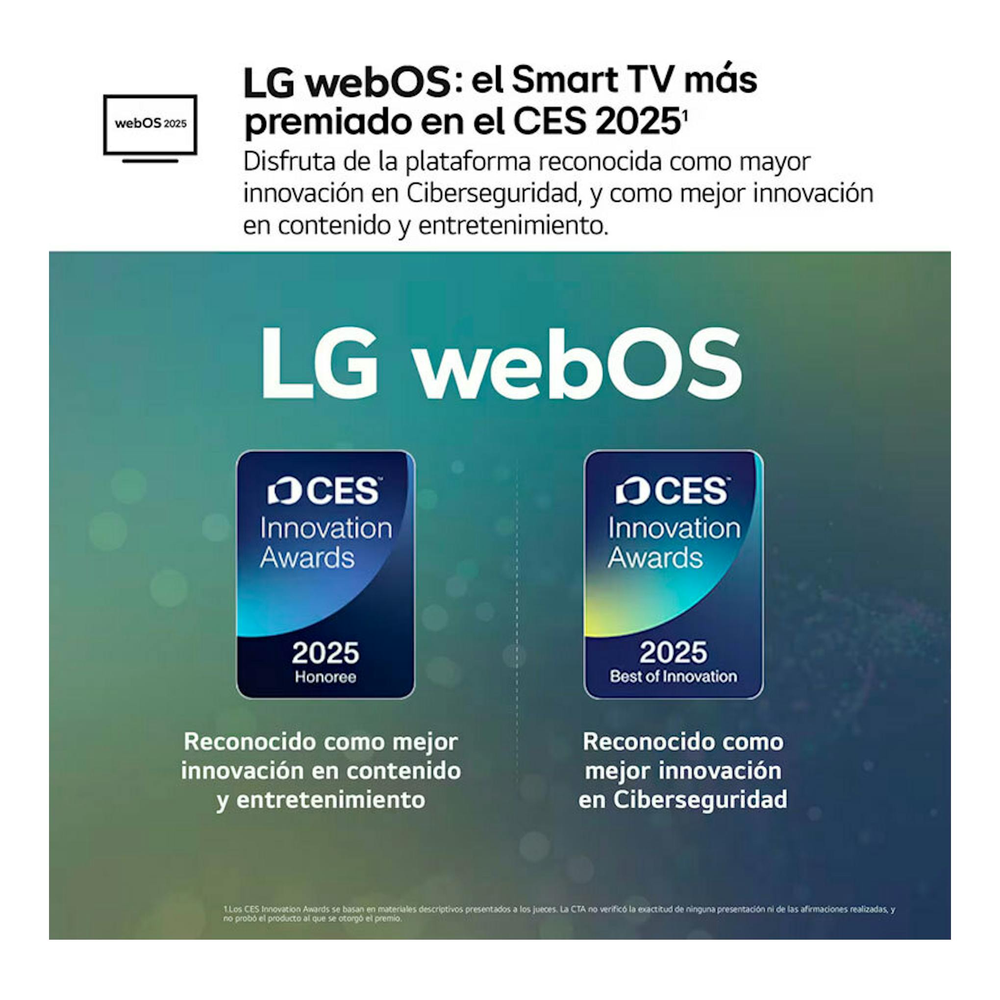 Banner promocional de LG webOS con dos distintivos CES Innovation Awards 2025 sobre fondo verde azulado.
