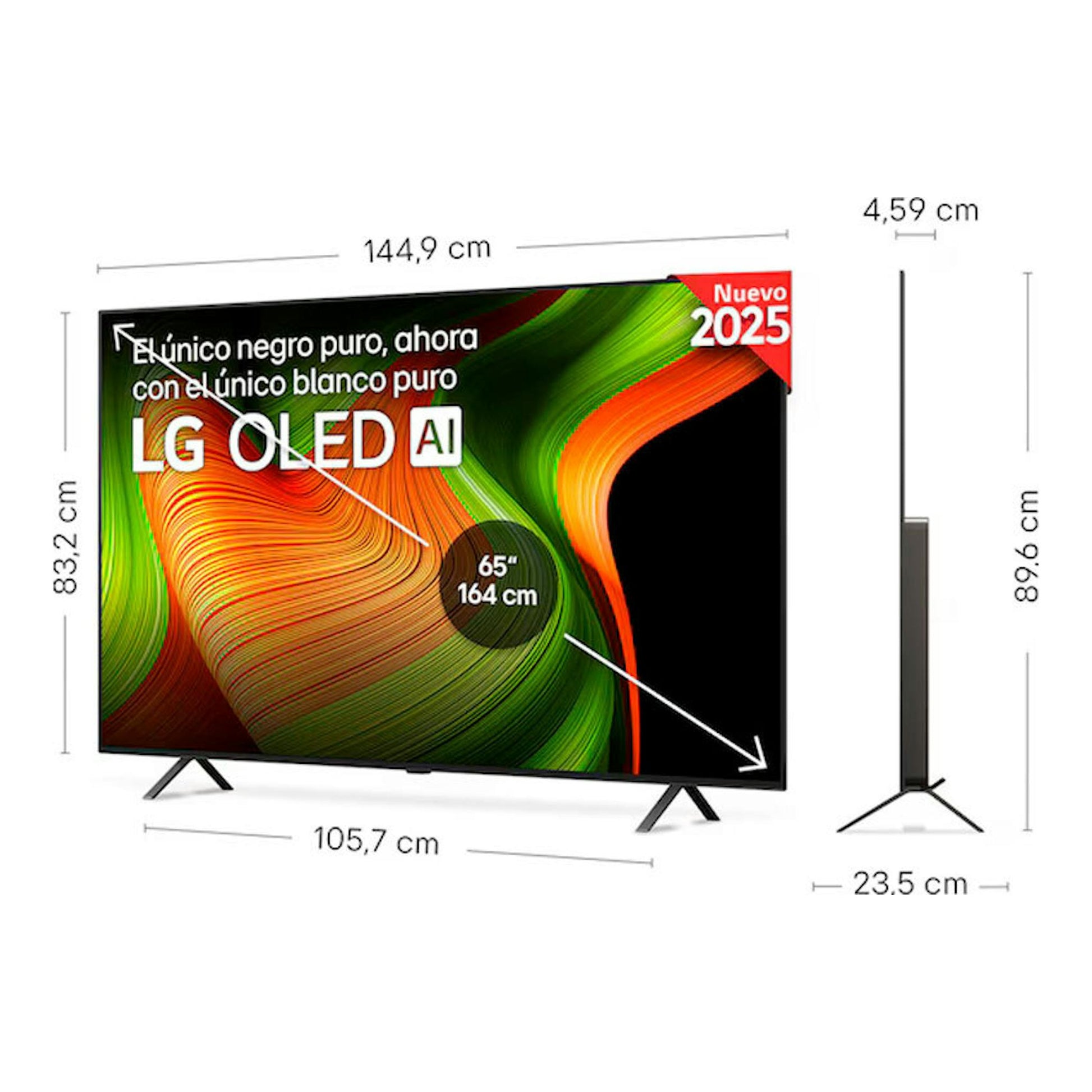 TV LG OLED65B56LA OLED 4K de 65", vista frontal y lateral, en color negro, con medidas indicadas.