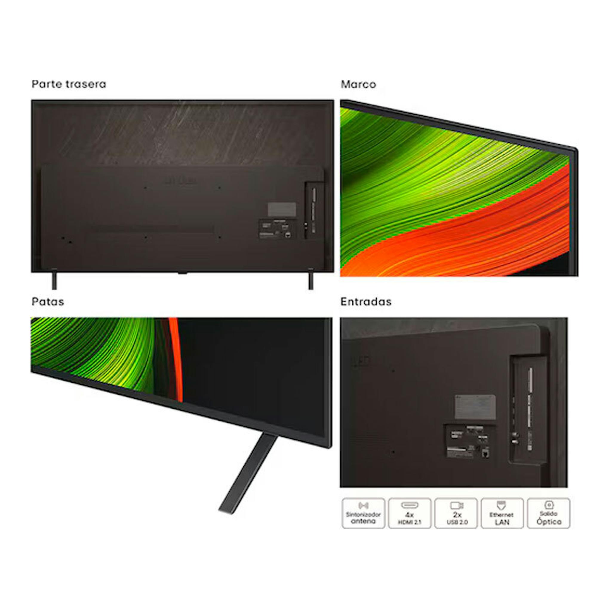 TV LG OLED65B56LA negra, vistas trasera y lateral, patas inclinadas y panel de conexiones.