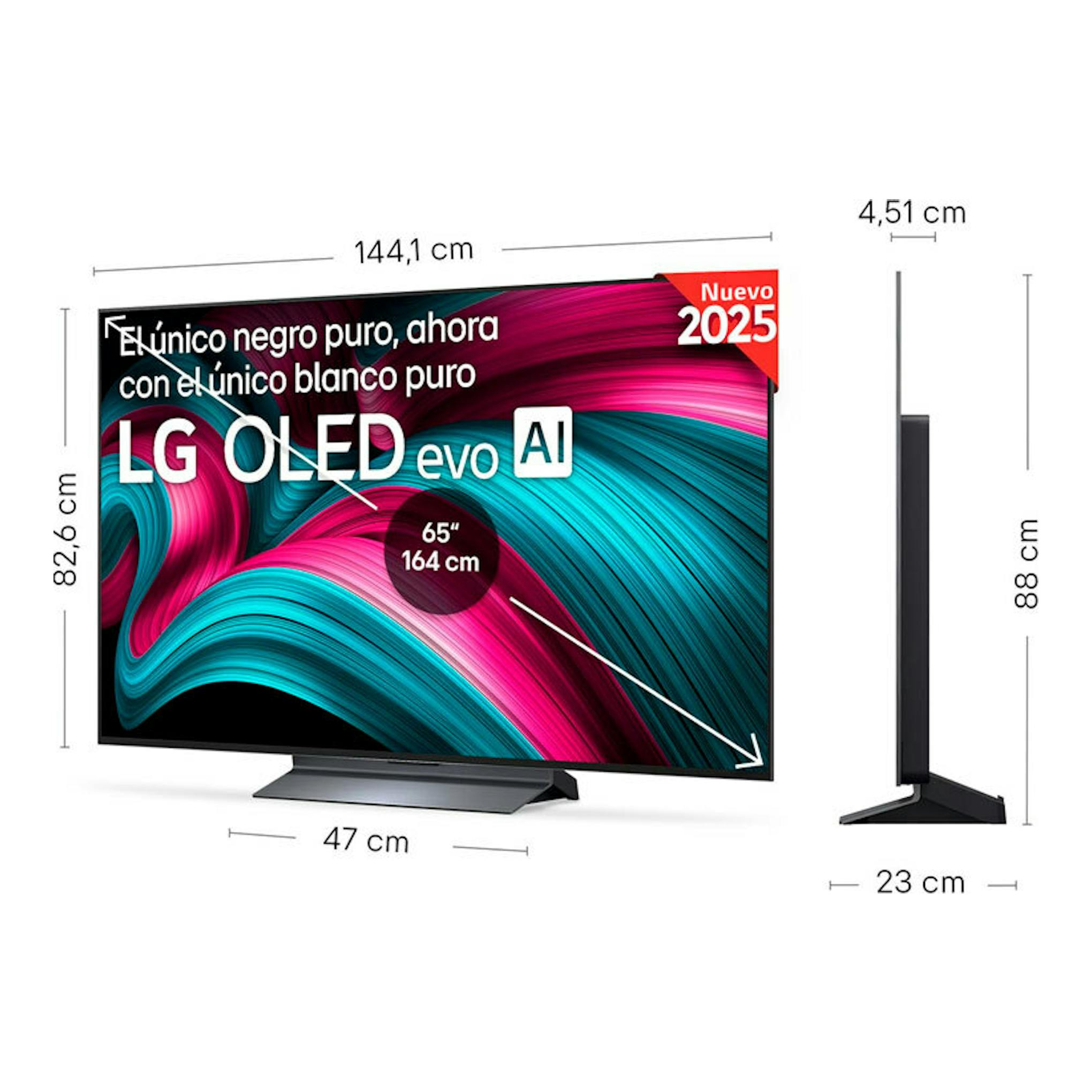 TV LG OLED65C54LA OLED evo AI de 65", vista frontal y lateral, con base y medidas del producto.