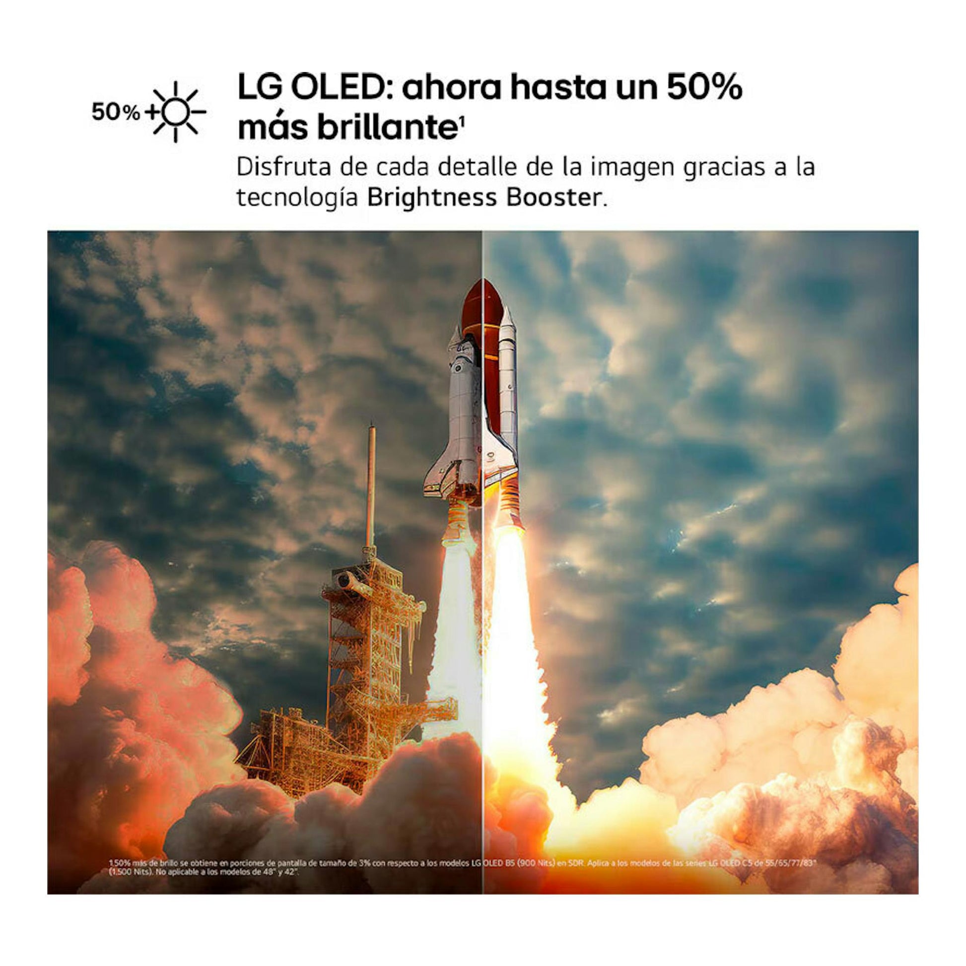 Anuncio de LG OLED con cohete despegando y comparación de brillo, fondo de cielo nublado.