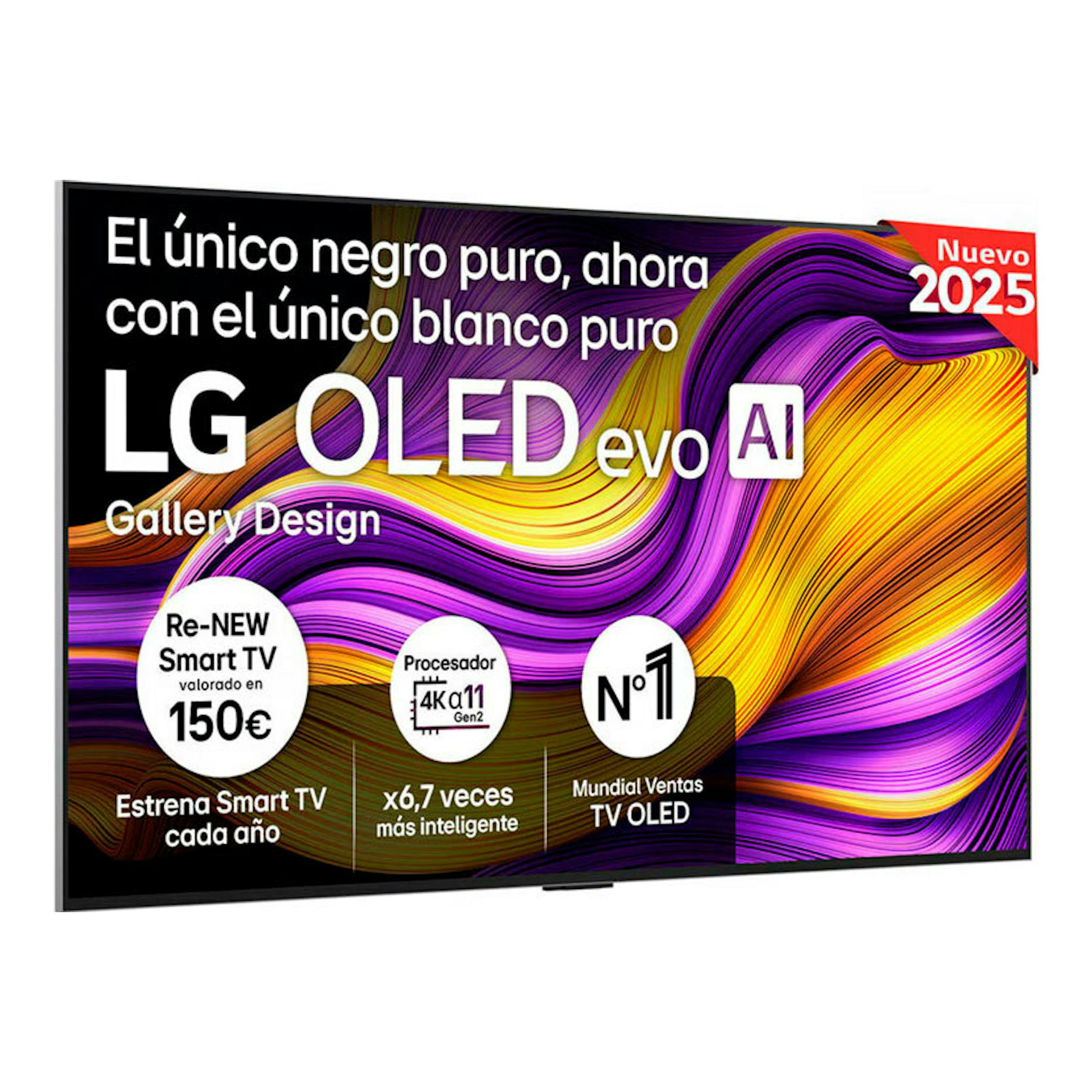 TV LG OLED65G54LW OLED evo AI de 65", vista frontal, pantalla con fondo abstracto multicolor y marco negro.