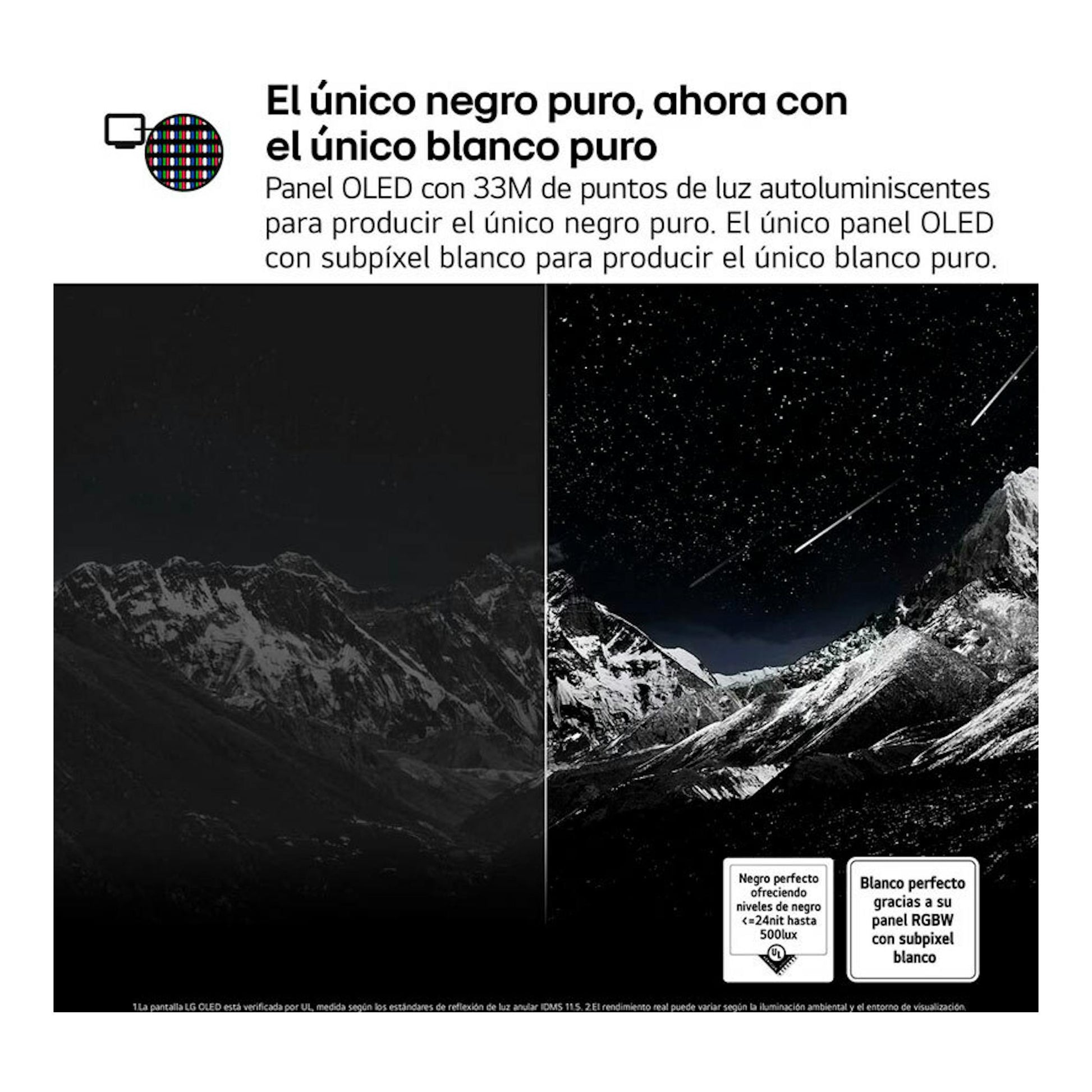 Gráfico promocional de LG OLED65G54LW OLED Evo 4K: montañas en negro puro y cielo estrellado blanco.