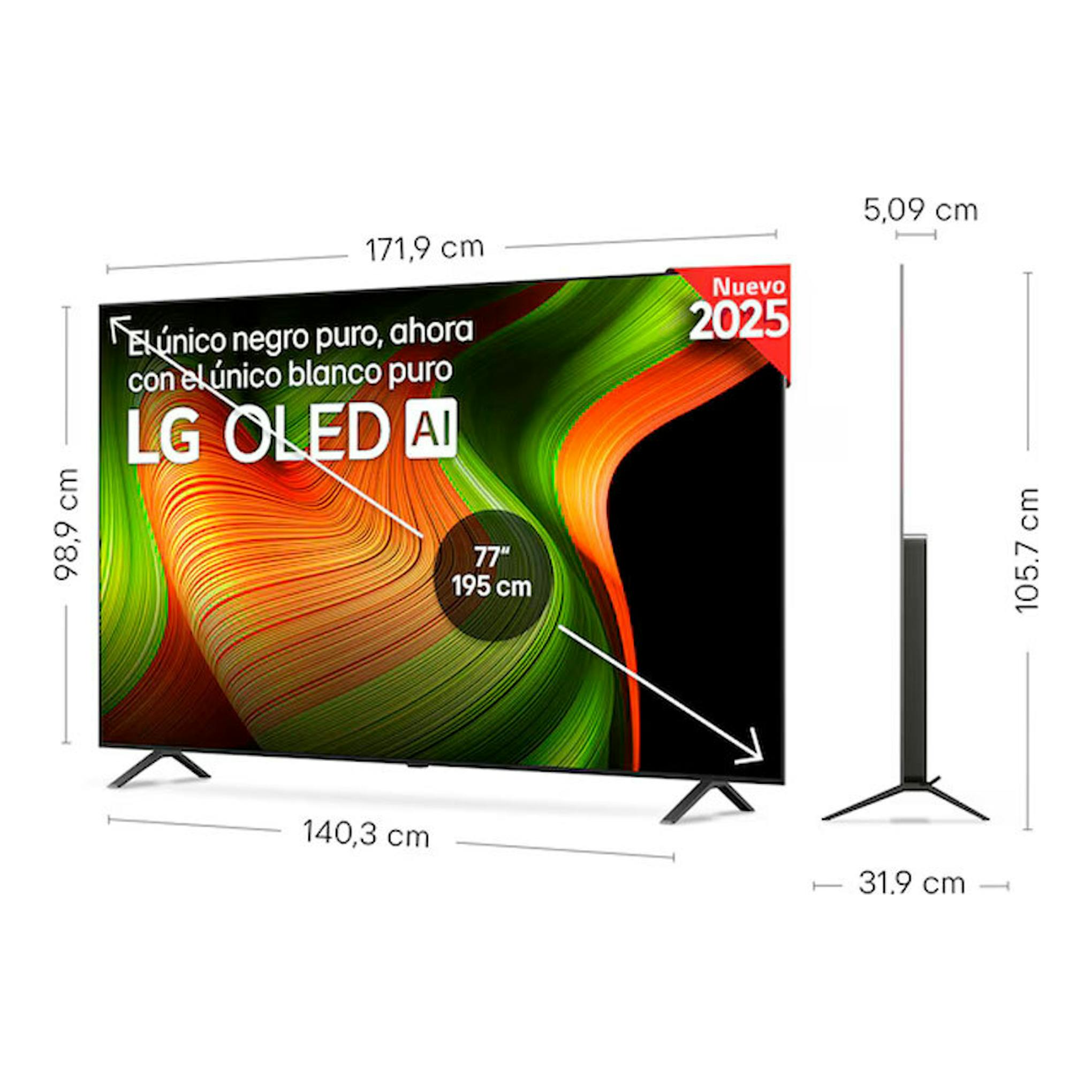 TV LG OLED77B56LA OLED 4K de 77", vista frontal y lateral en negro, con soporte y medidas.