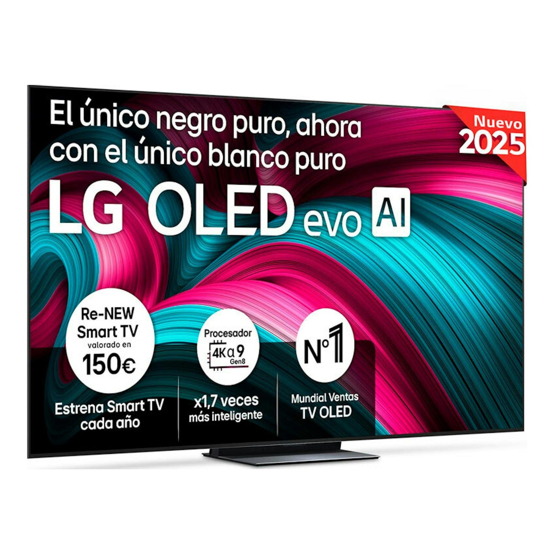 Televisor LG OLED77C54LA OLED evo AI, vista frontal, con base, sobre fondo multicolor.