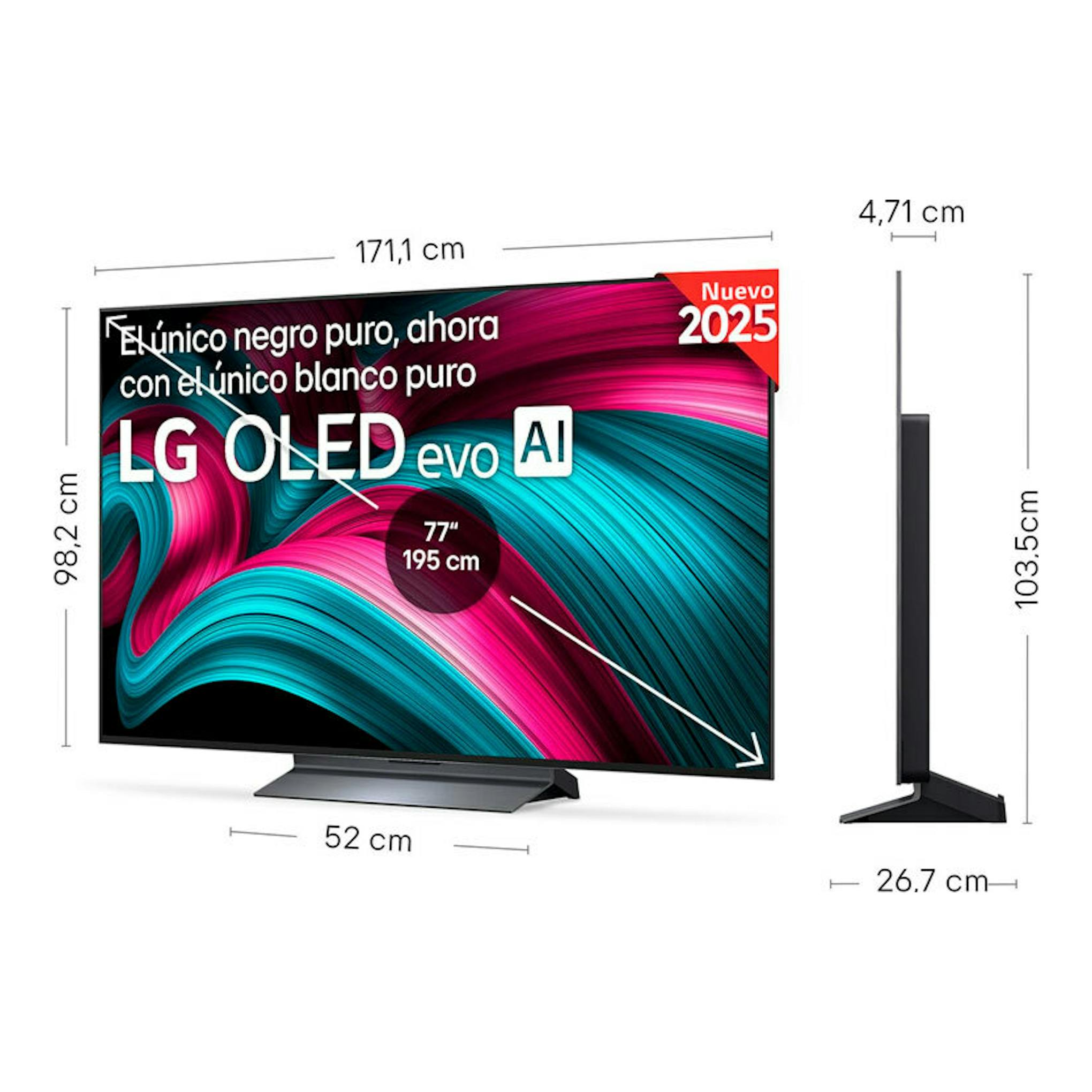 TV LG OLED77C54LA OLED evo AI de 77", vista frontal y lateral en negro.