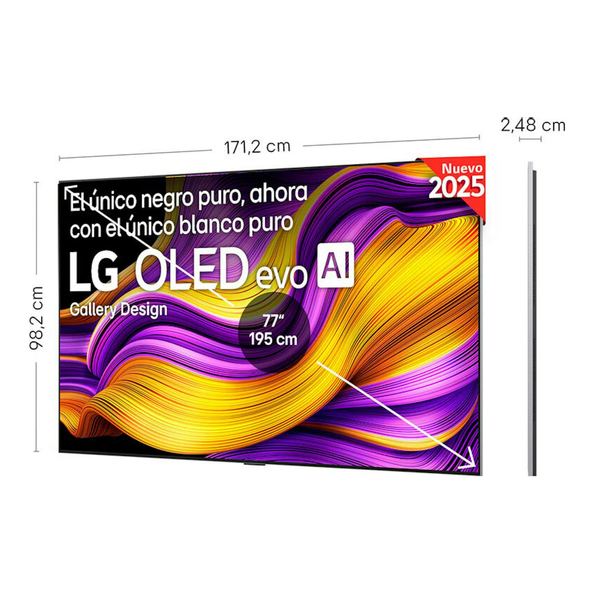 TV LG OLED77G54LW OLED evo AI de 77", vista frontal y lateral, color negro, con medidas.