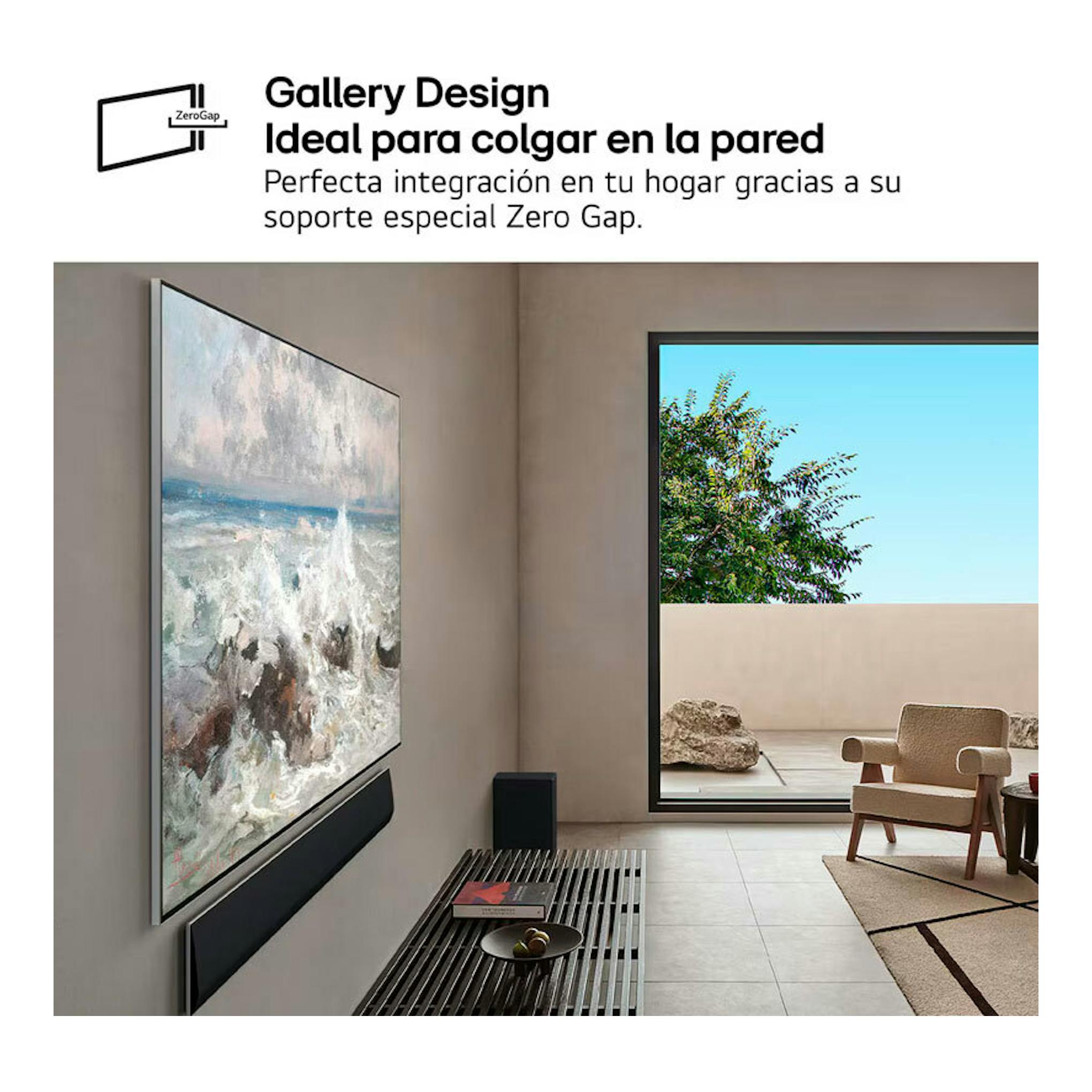 TV LG OLED77G54LW OLED Evo 4K de 77", vista lateral, montado en pared con diseño Gallery y Zero Gap.