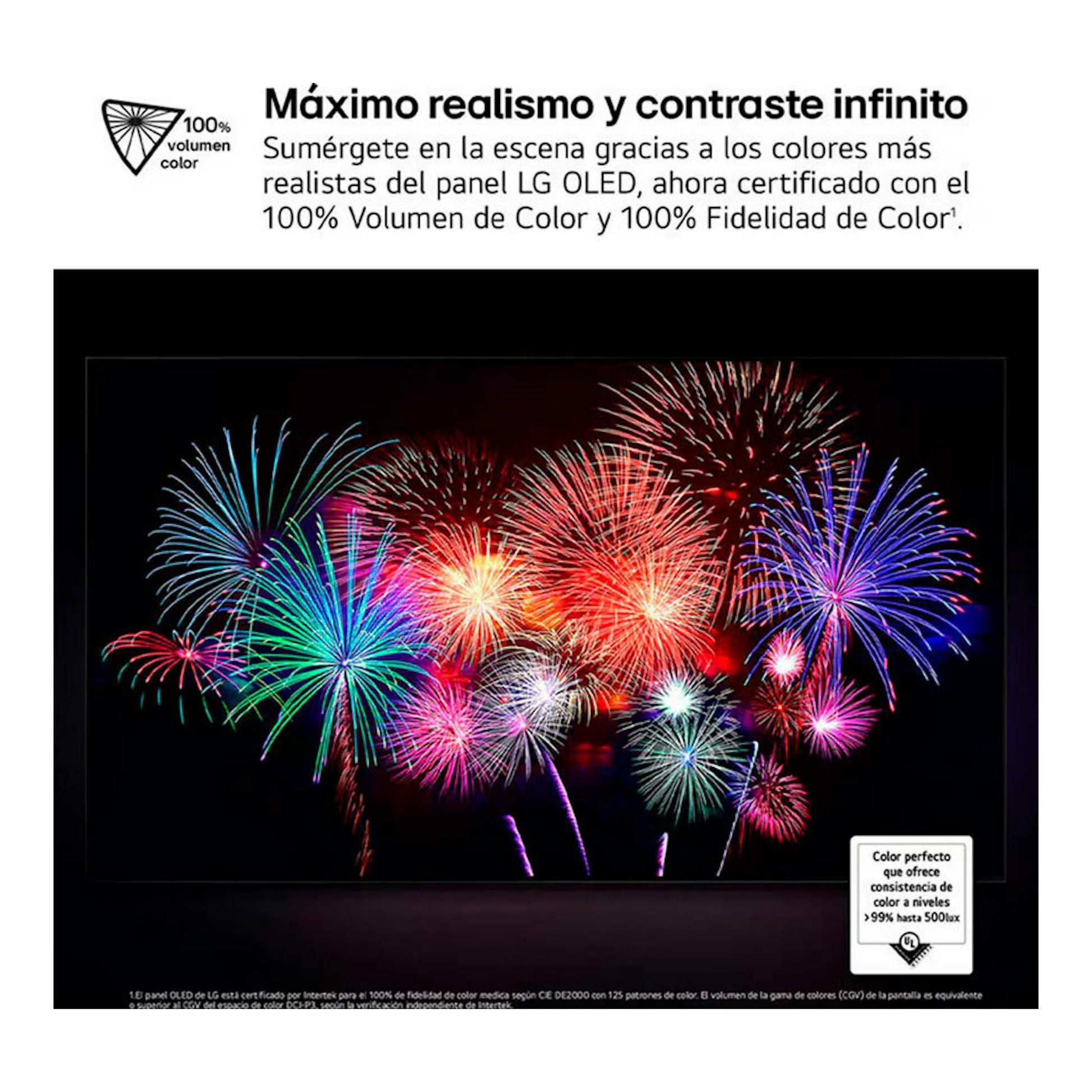 LG OLED77G54LW: TV OLED 77" en vista frontal, con fuegos artificiales sobre fondo negro.