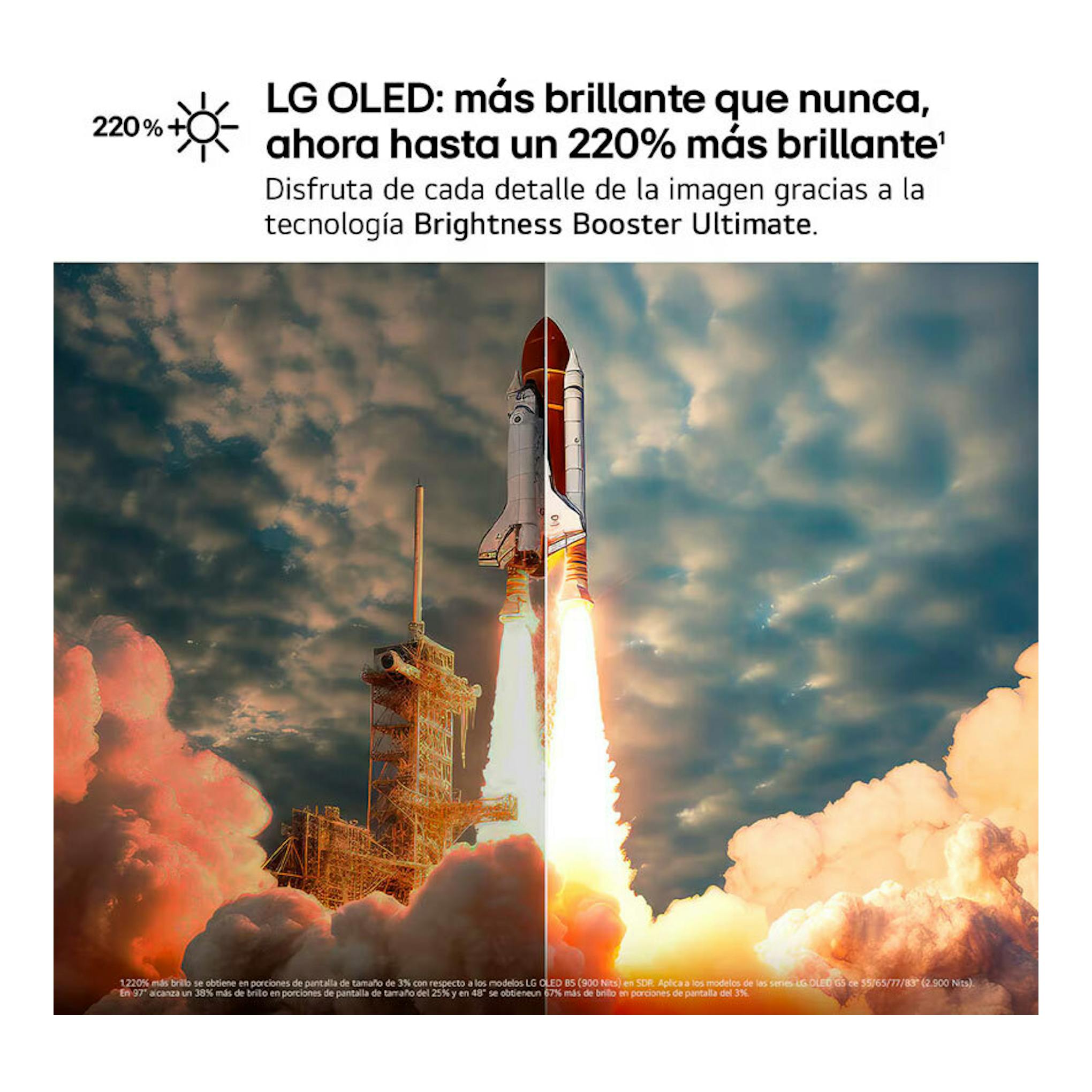 LG OLED77G54LW en vista frontal: cohete espacial dividido entre zona oscura y zona iluminada.