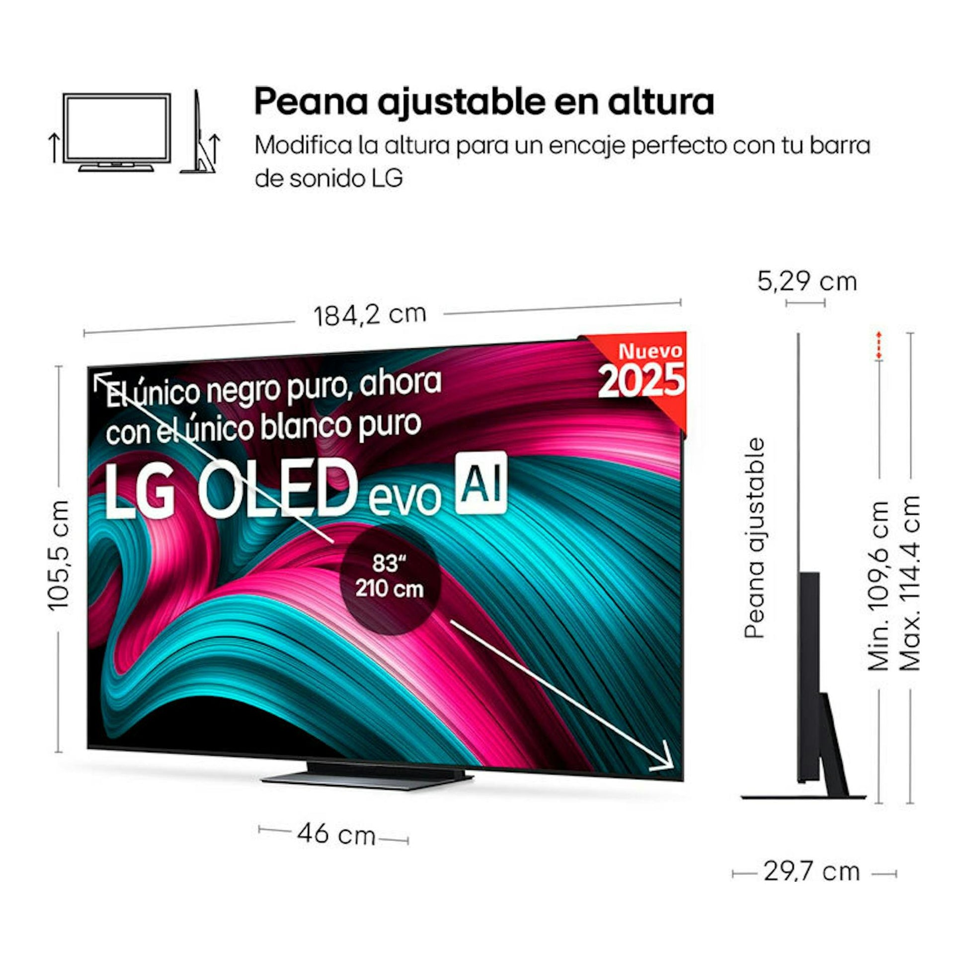 LG OLED evo AI 83” con peana ajustable en altura, vista frontal y lateral.