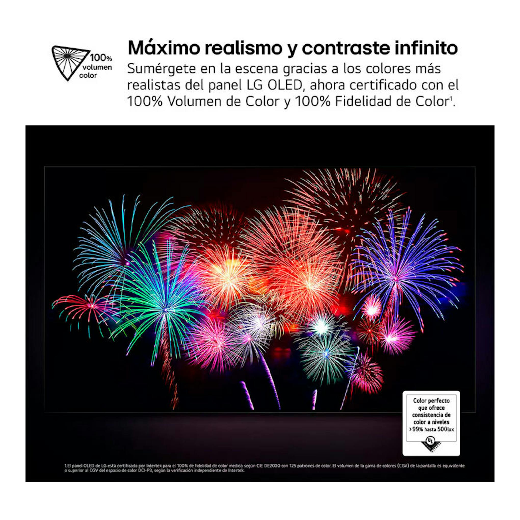 LG OLED83C54LA, imagen promocional de TV OLED con fuegos artificiales y texto sobre volumen de color.