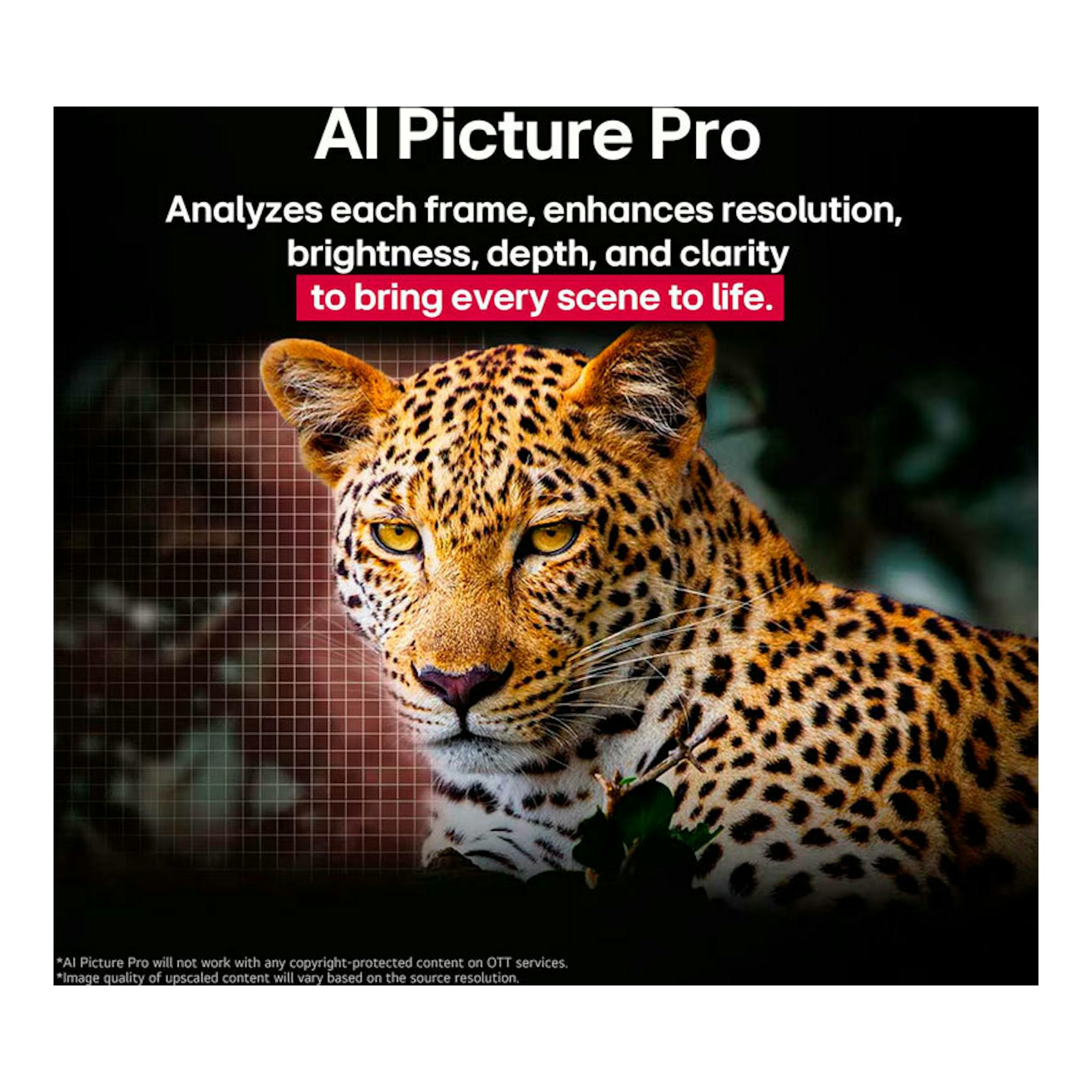 Gráfico promocional de LG OLED83G54LW con un leopardo y el texto “AI Picture Pro”.