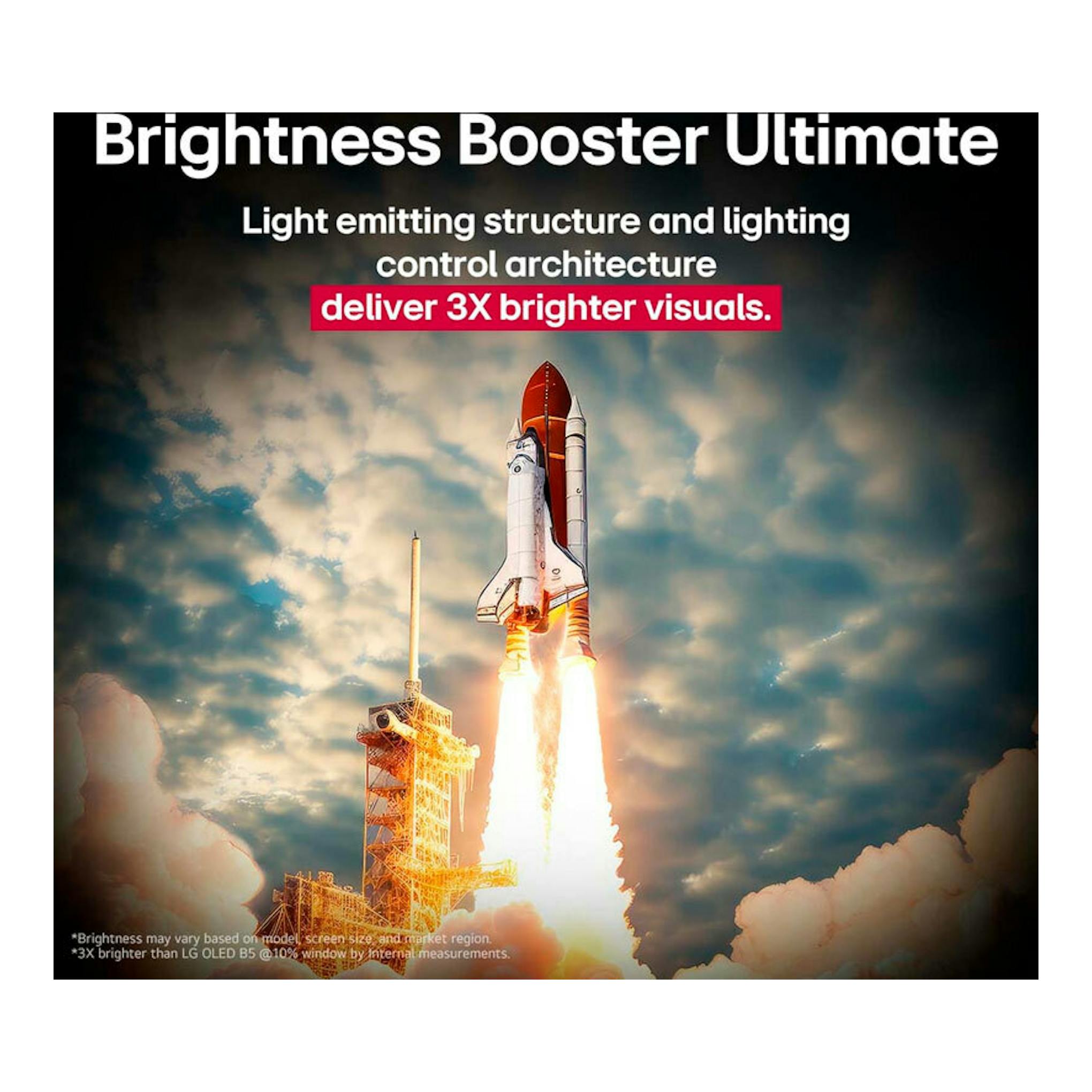 Anuncio de LG OLED83G54LW: cohete despegando sobre cielo nublado y texto Brightness Booster Ultimate.