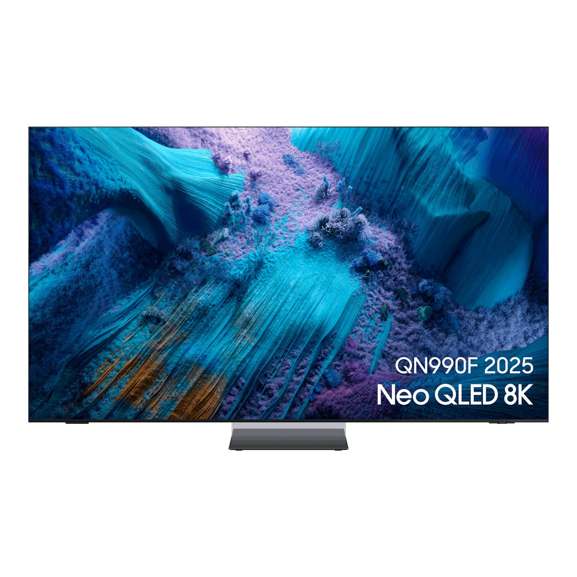 Samsung QN990F 2025 Neo QLED 8K, TV vista frontal con marco negro y peana central, fondo abstracto azul y morado.