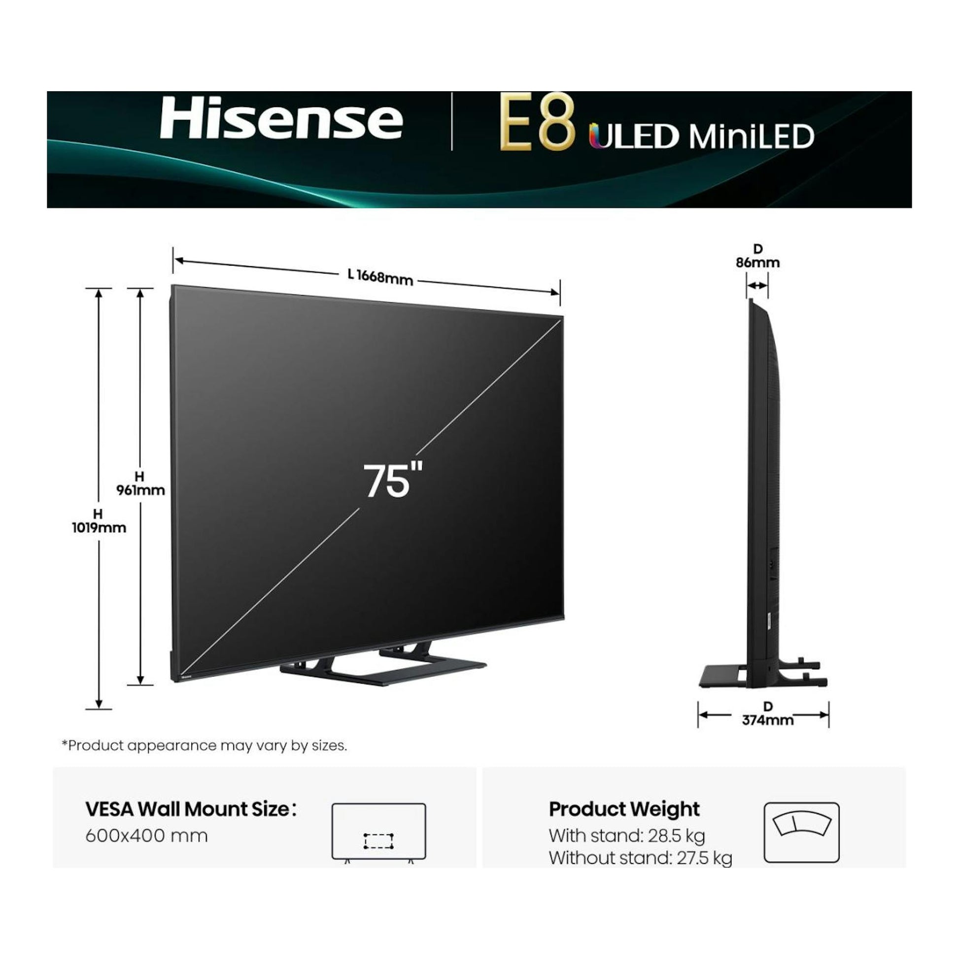 Hisense E8 ULED MiniLED de 75", vista frontal y lateral, televisor negro con base.