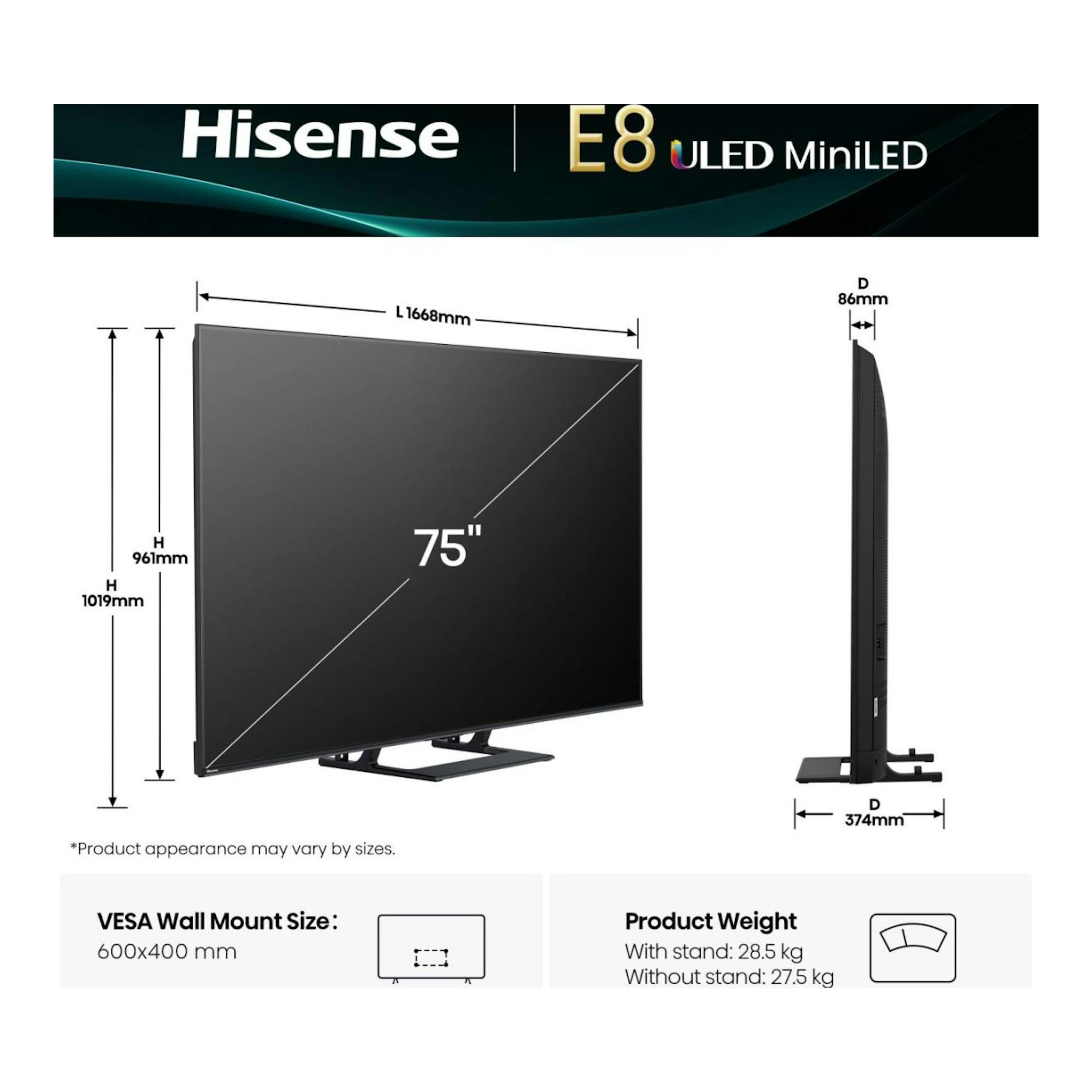 Hisense E8 ULED MiniLED de 75", vista frontal y lateral, televisor negro con base.