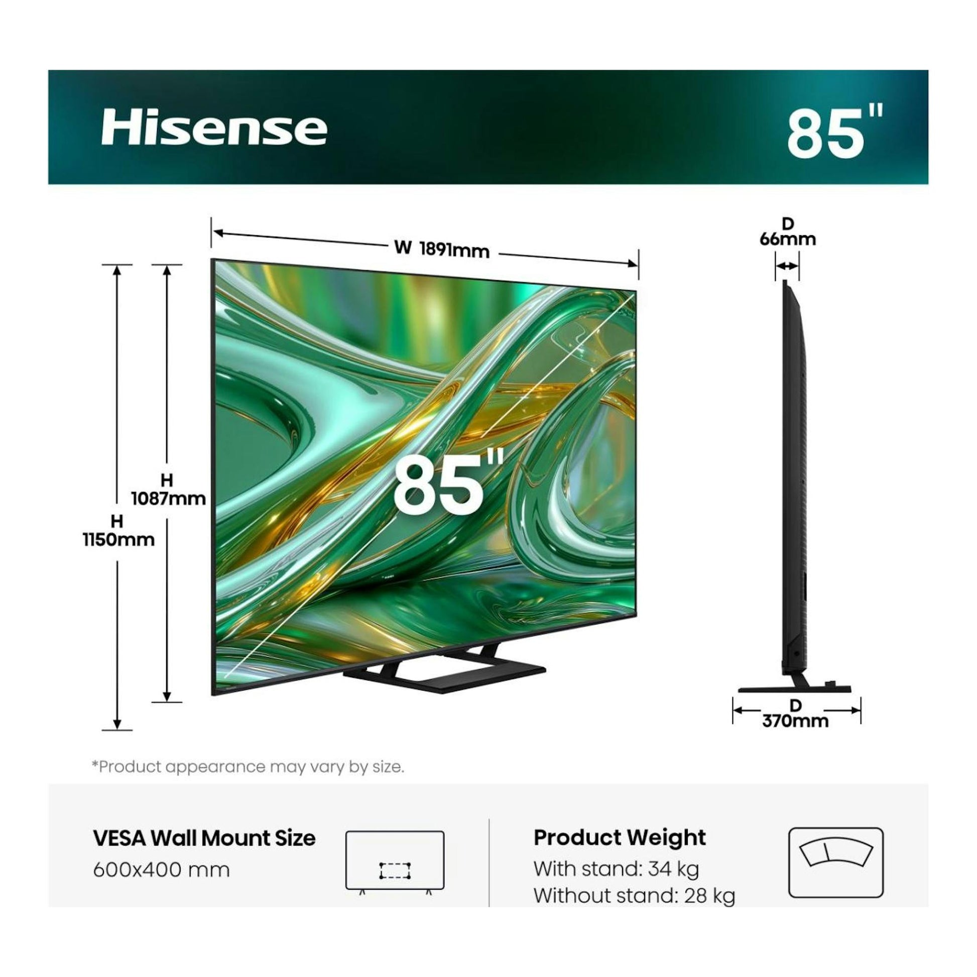 Hisense 85E8S TV 85" MiniLED 4K, vista frontal y lateral con peana negra y medidas del producto.