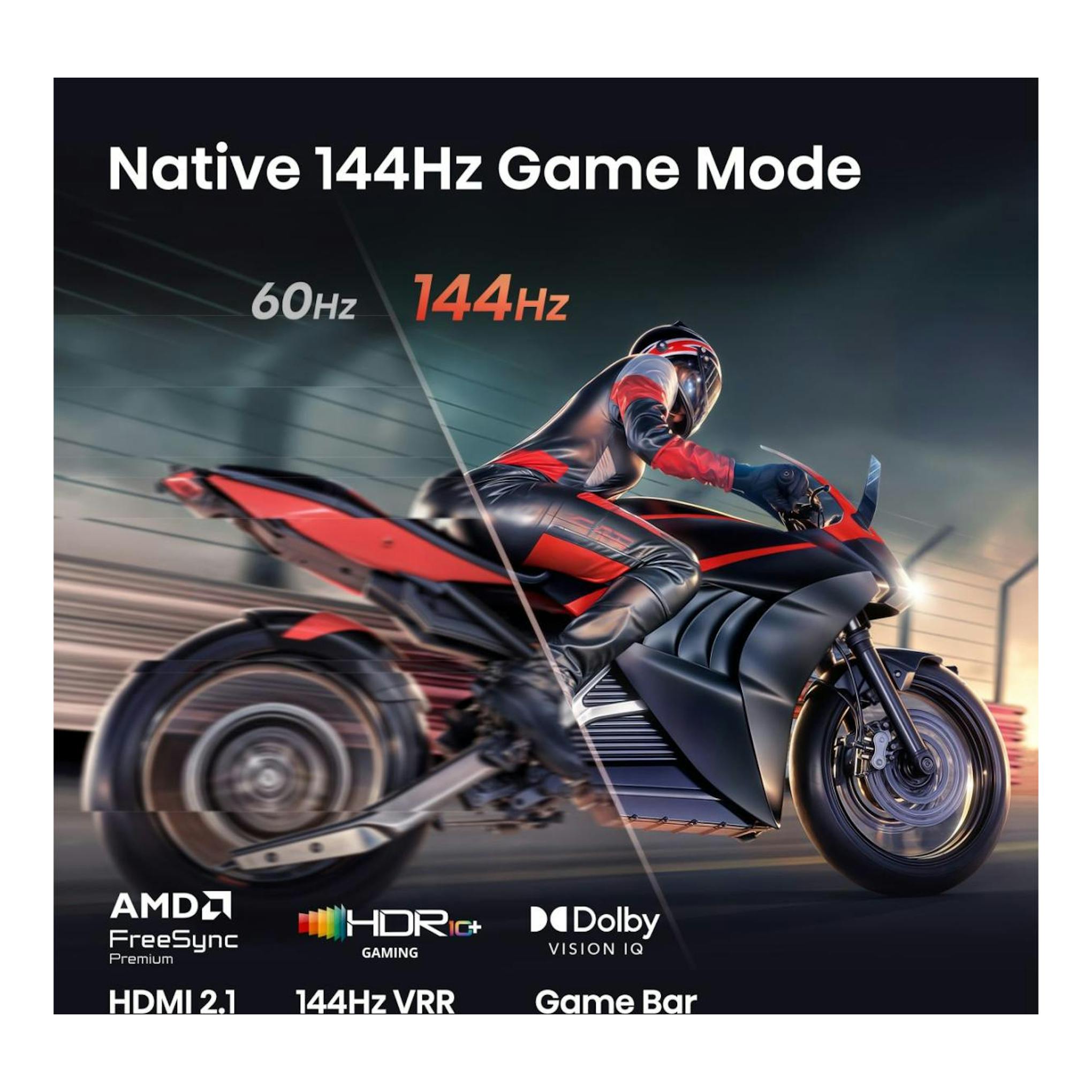 Hisense 85E8S, cartel promocional con motociclista y pantalla dividida 60 Hz/144 Hz.