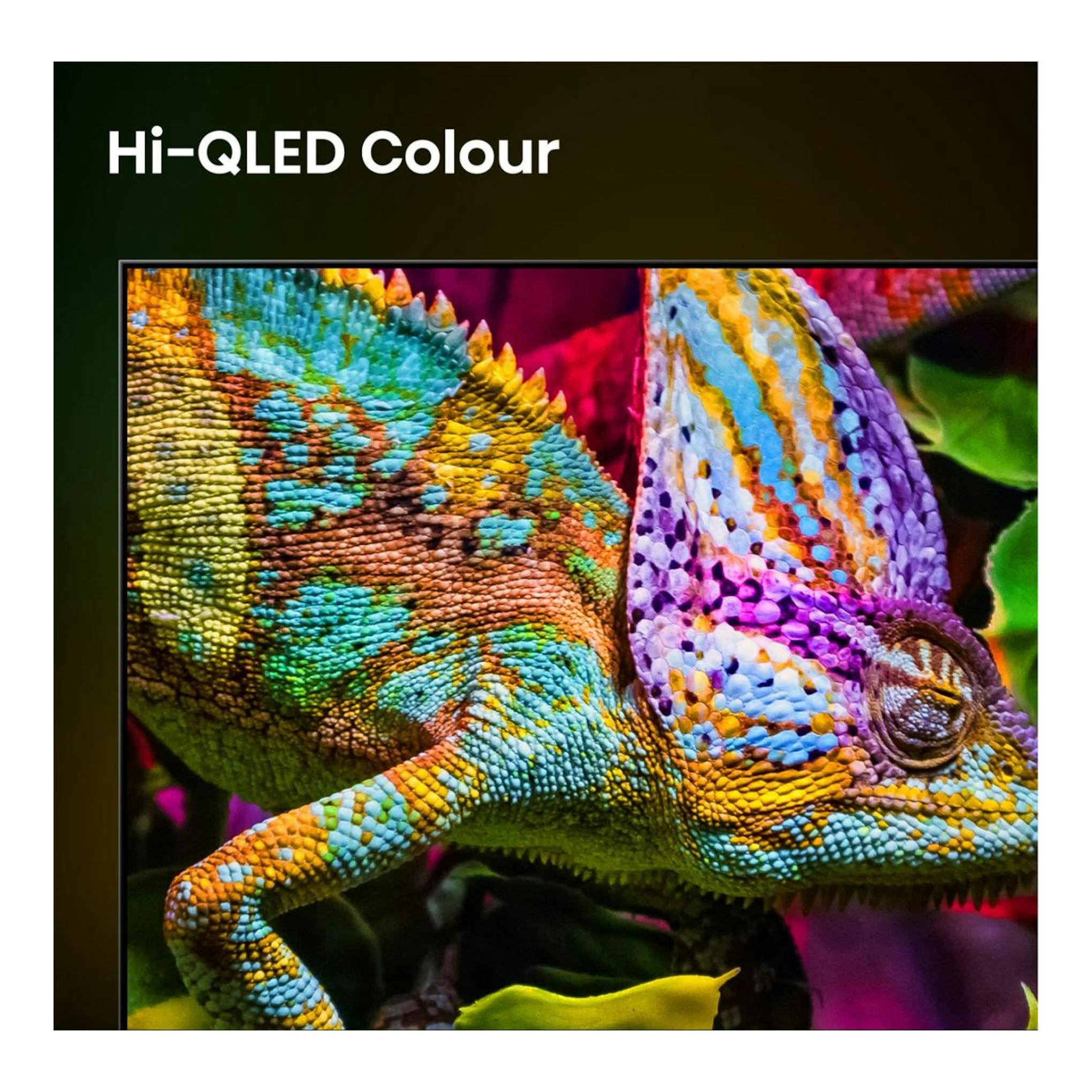 Hisense 85E8S: televisor con primer plano de camaleón multicolor y texto Hi-QLED Colour sobre fondo oscuro.