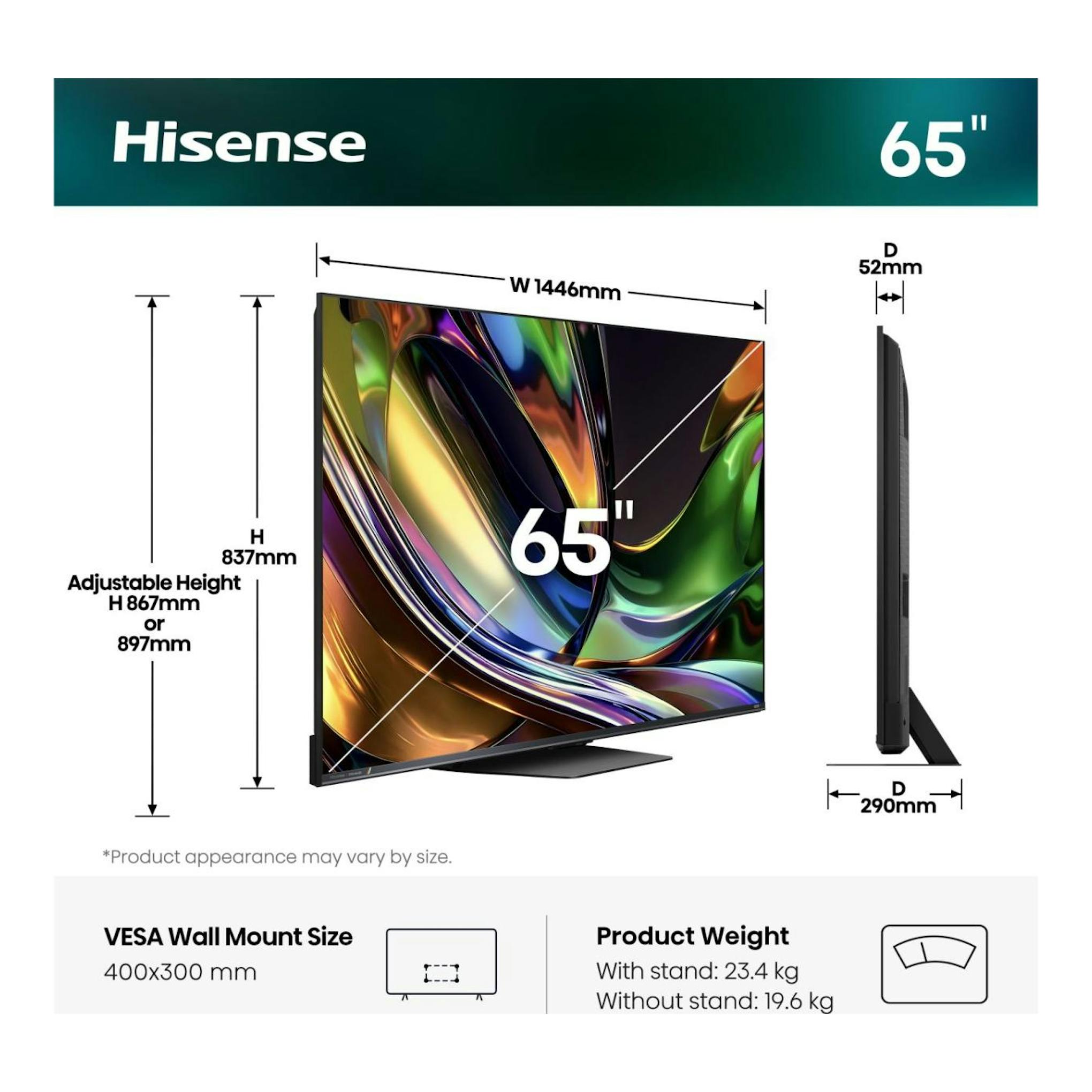 Hisense 65UR8S, TV de 65 pulgadas, vista frontal y lateral con medidas, soporte y montaje VESA.