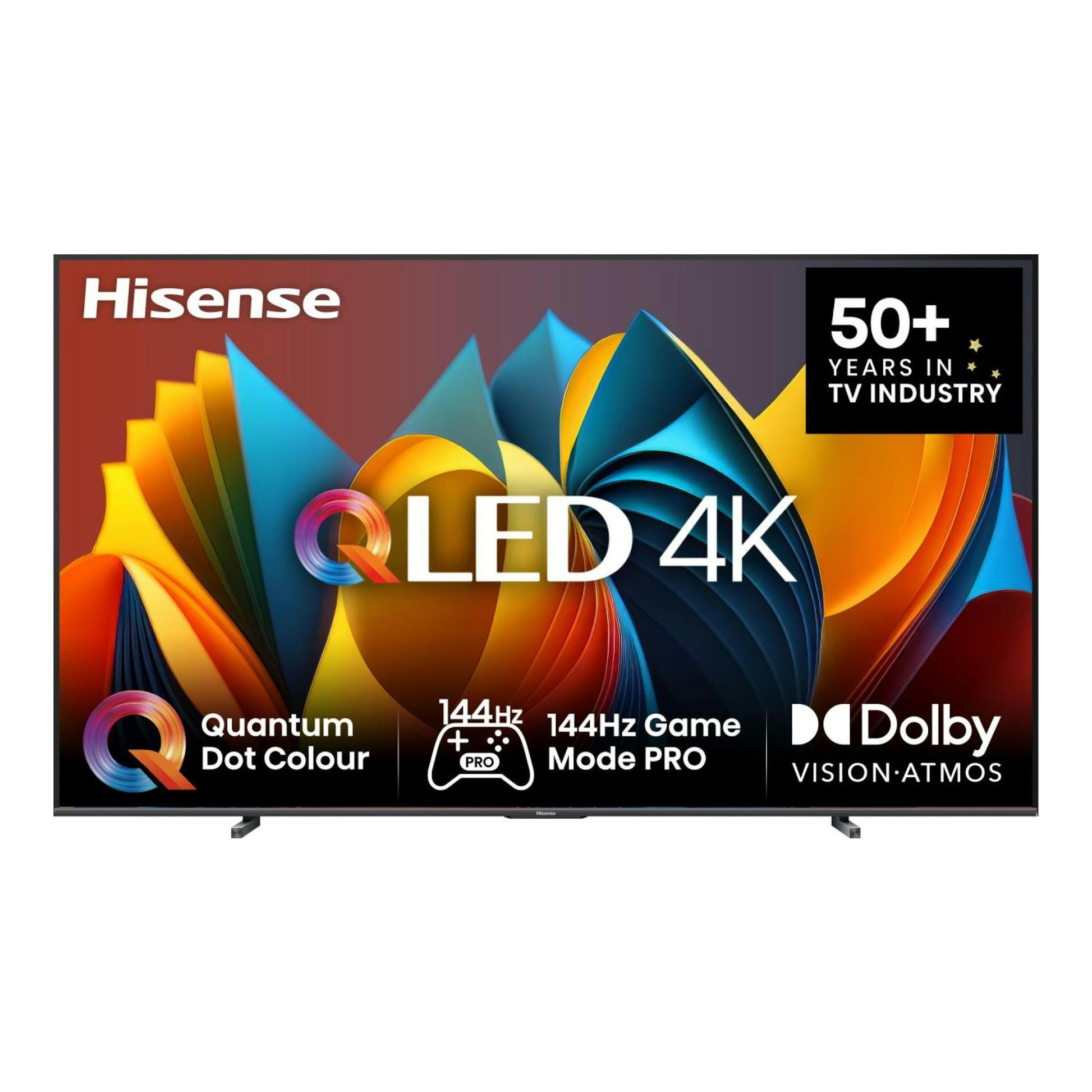 Televisor Hisense 100E7NQ QLED 4K, vista frontal, con pantalla abstracta multicolor y base negra.