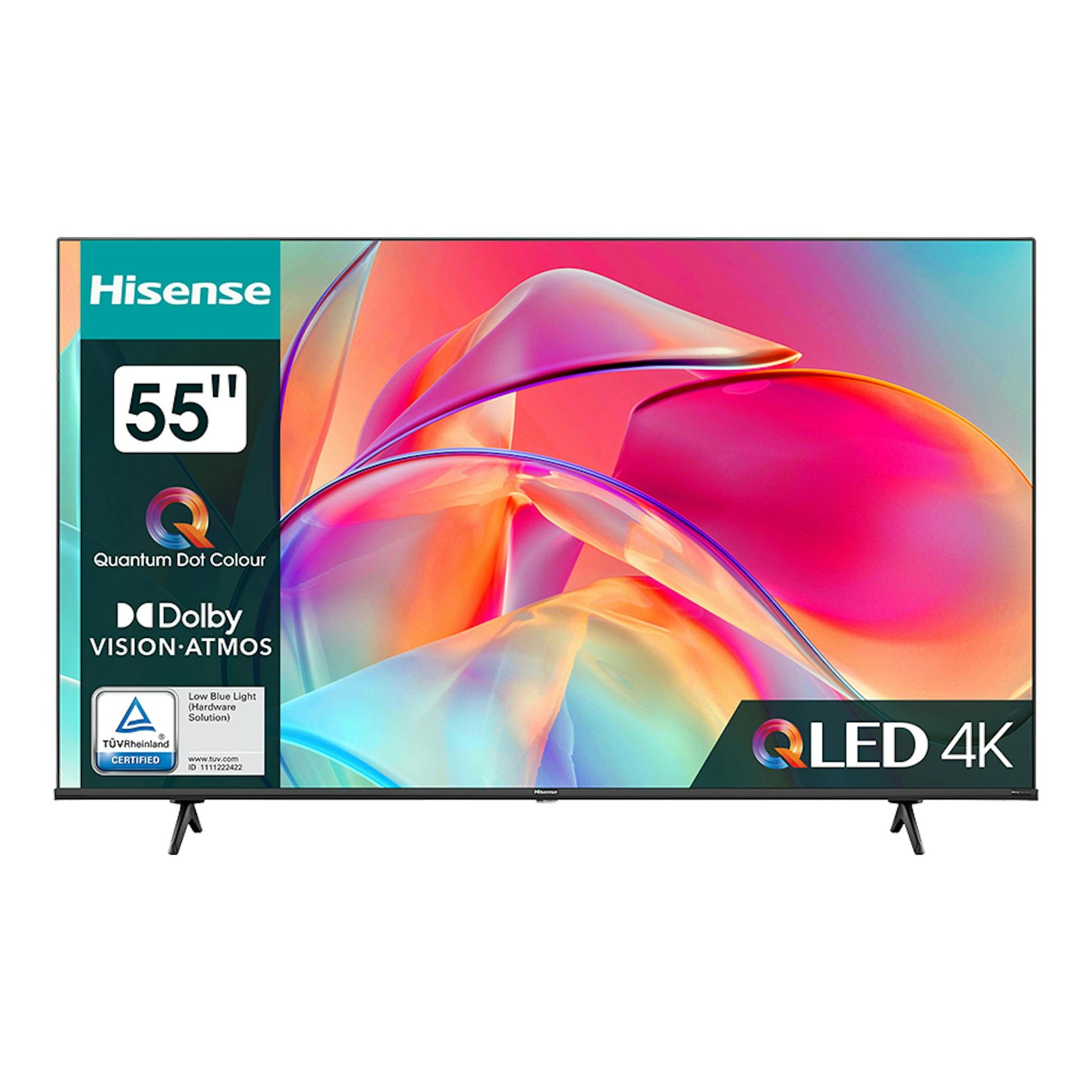 Televisor Hisense 55E77KQ QLED 4K de 55 pulgadas, vista frontal, marco negro y pantalla con imagen abstracta colorida.